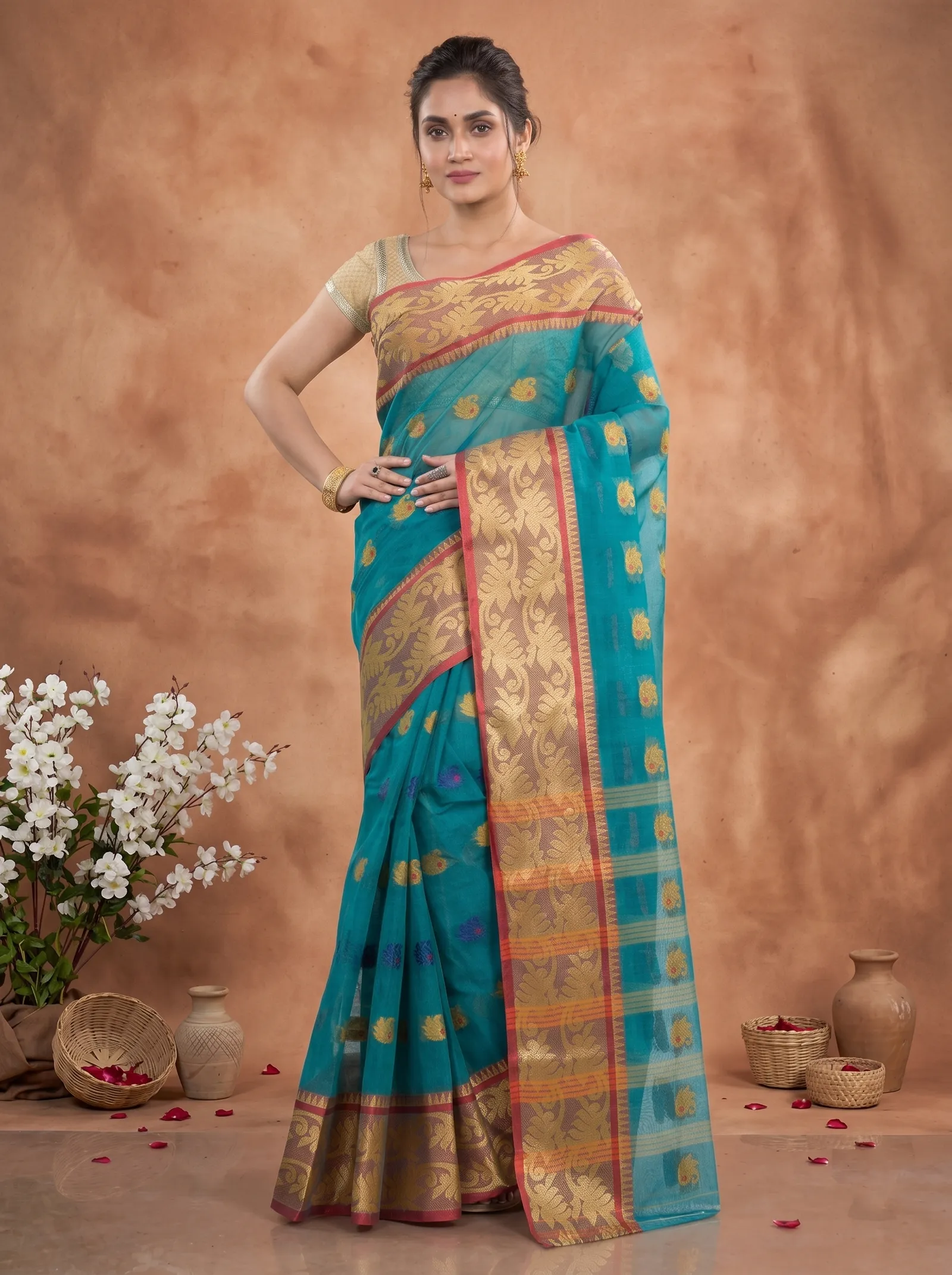 DipDiya Pure Cotton  Traditional Bengali See Green Artisan Crafted HasFul Tant Saree