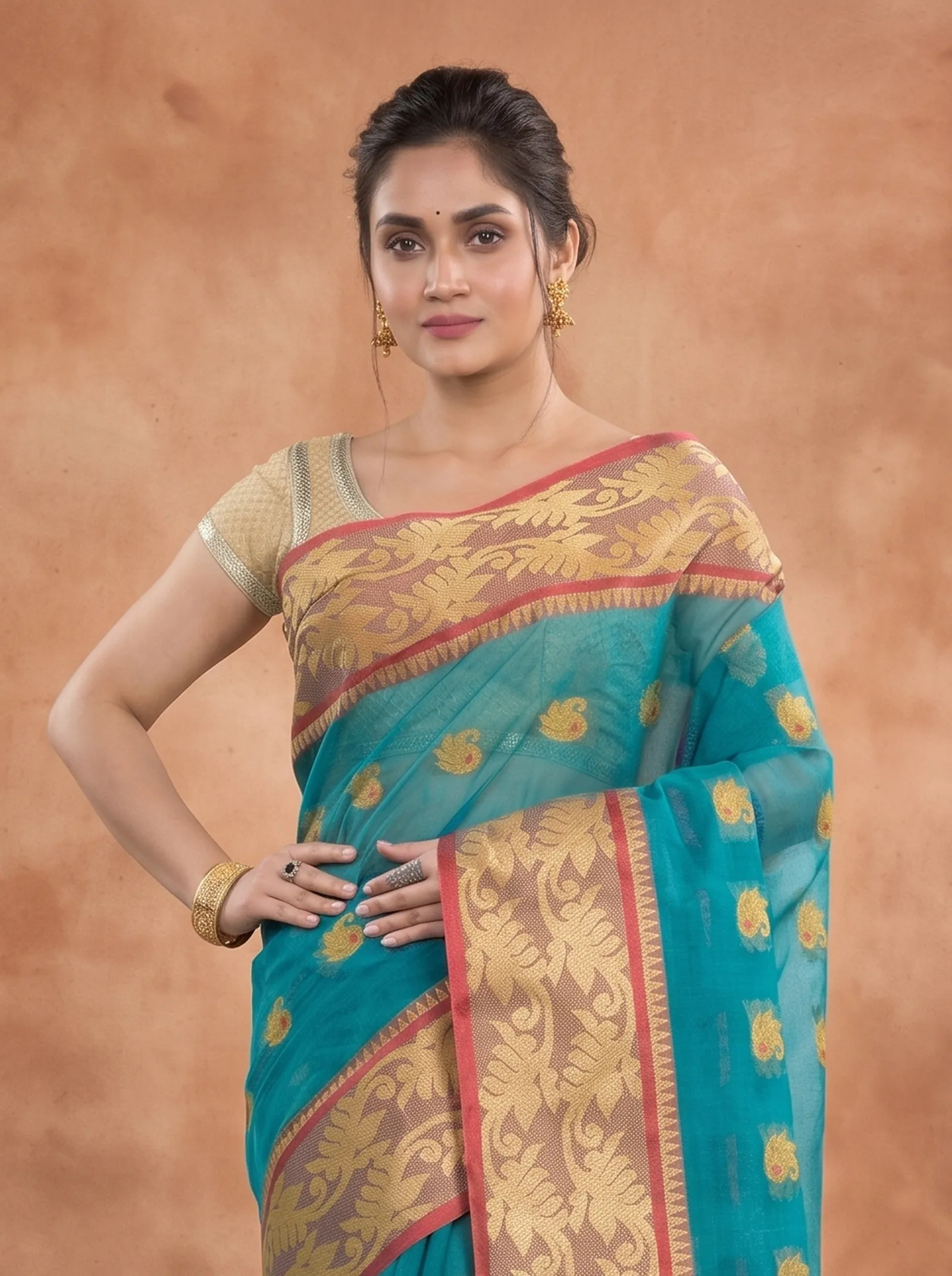 DipDiya Pure Cotton  Traditional Bengali See Green Artisan Crafted HasFul Tant Saree