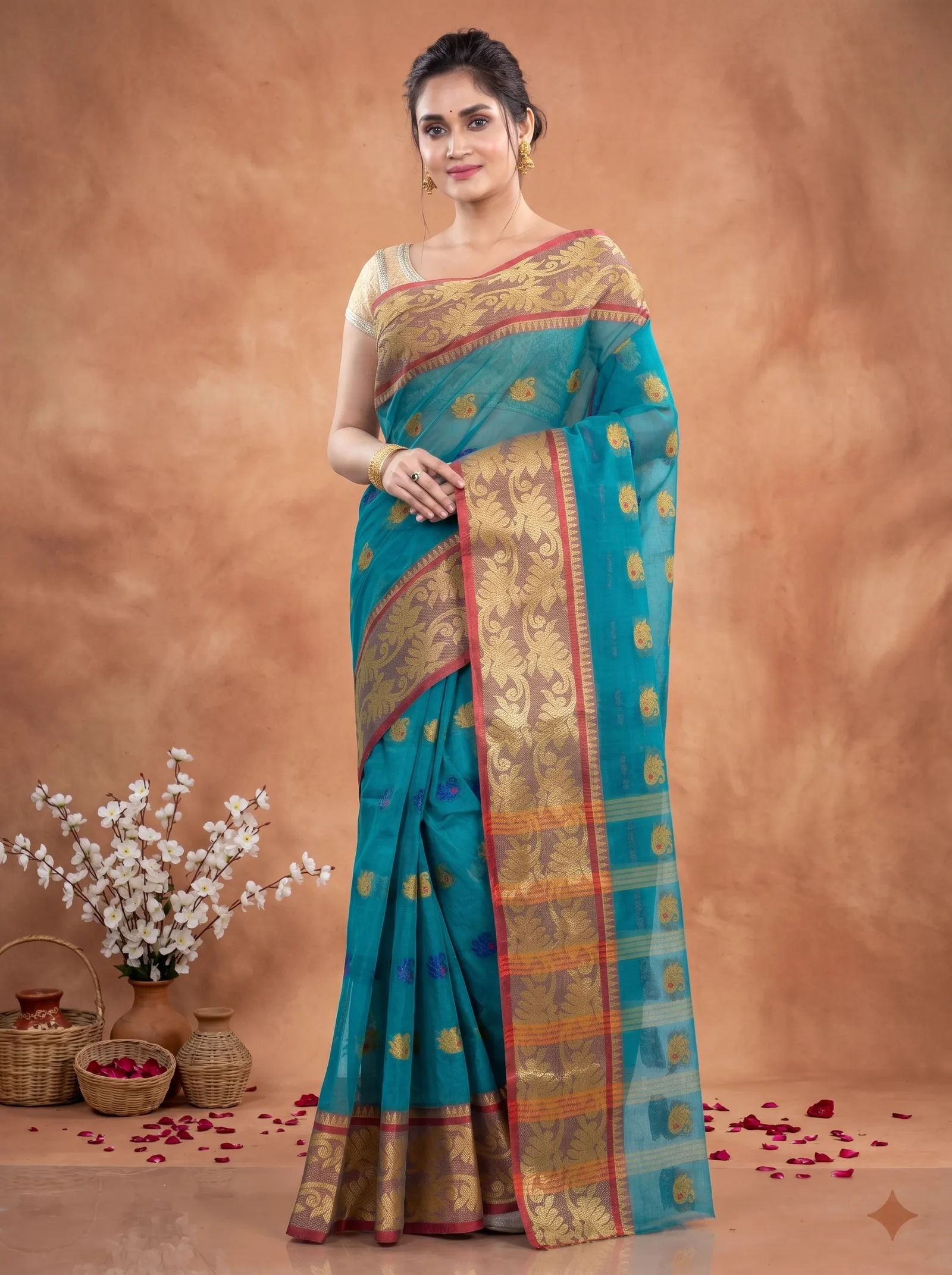 DipDiya Pure Cotton  Traditional Bengali See Green Artisan Crafted HasFul Tant Saree