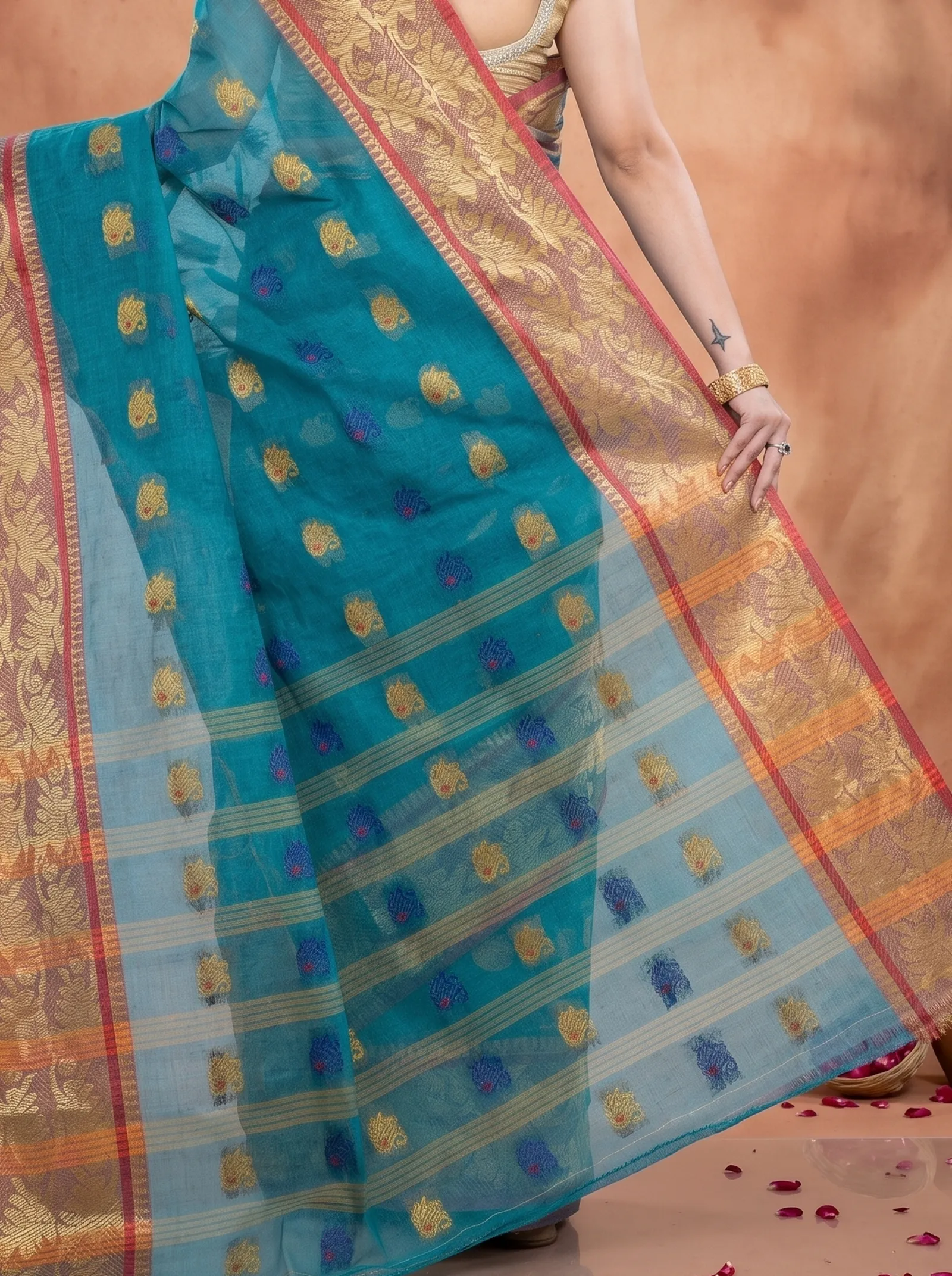 DipDiya Pure Cotton  Traditional Bengali See Green Artisan Crafted HasFul Tant Saree