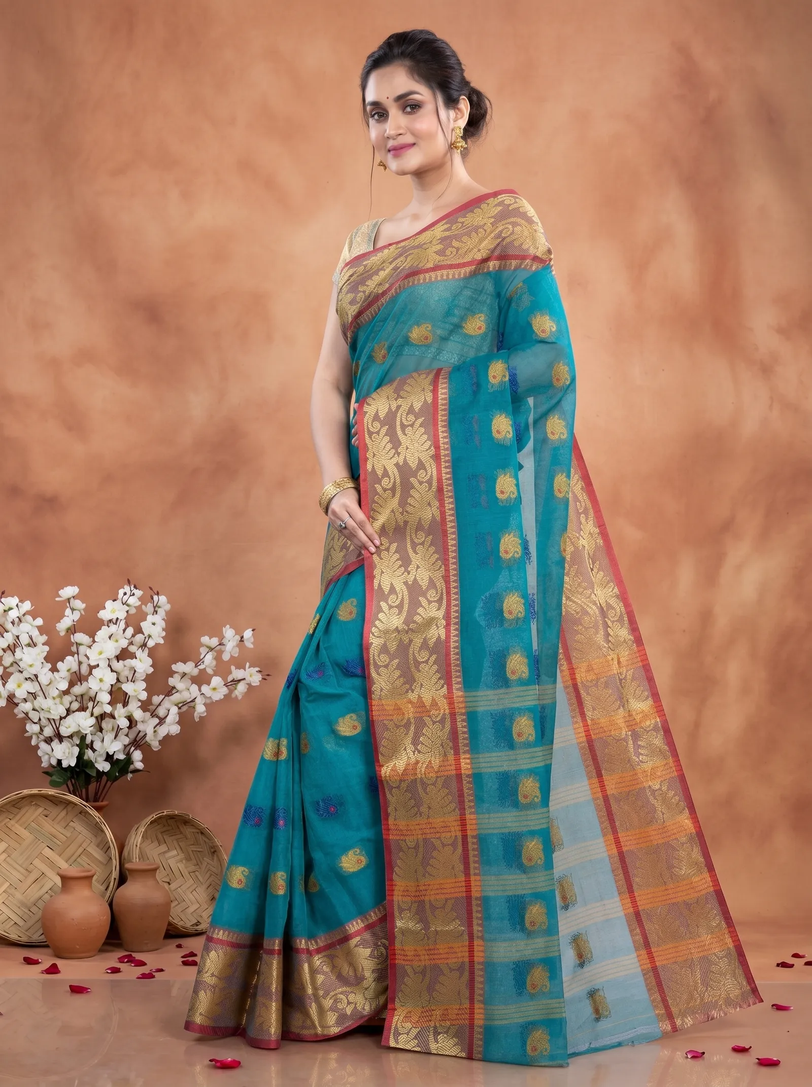 DipDiya Pure Cotton  Traditional Bengali See Green Artisan Crafted HasFul Tant Saree
