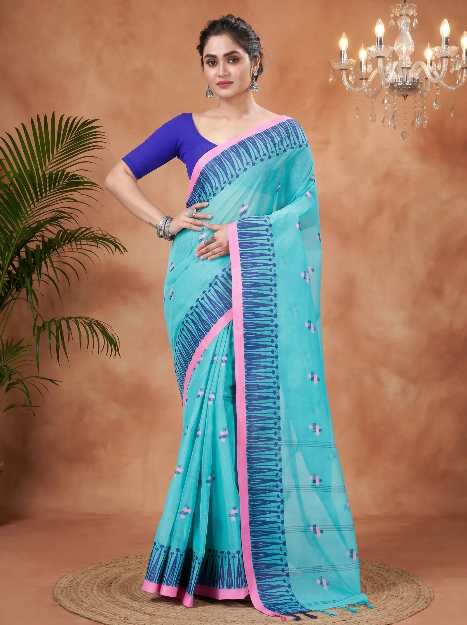 DipDiya Pure Cotton  Traditional Bengali See Green Artisan Crafted Simar Tant Saree