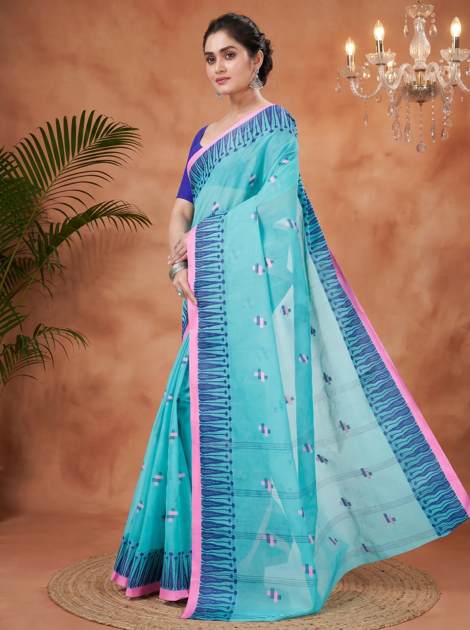 DipDiya Pure Cotton  Traditional Bengali See Green Artisan Crafted Simar Tant Saree