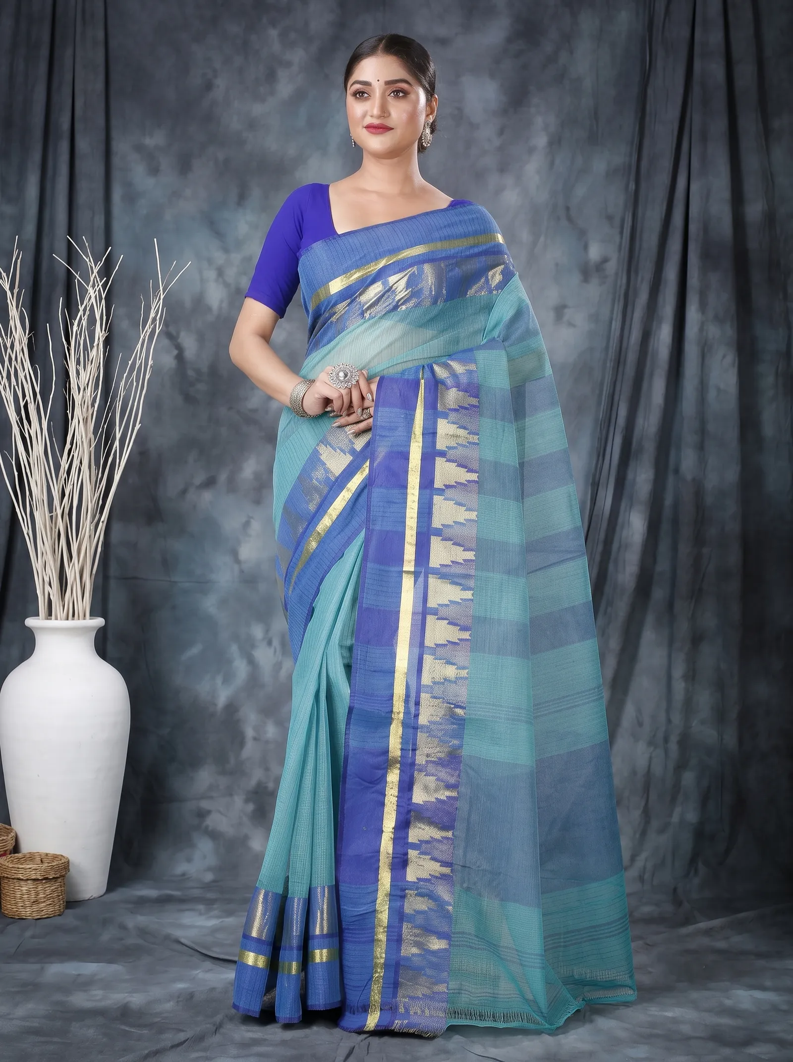 DipDiya Pure Cotton  Traditional Bengali See Green Artisan Crafted Vrinda Tant Saree