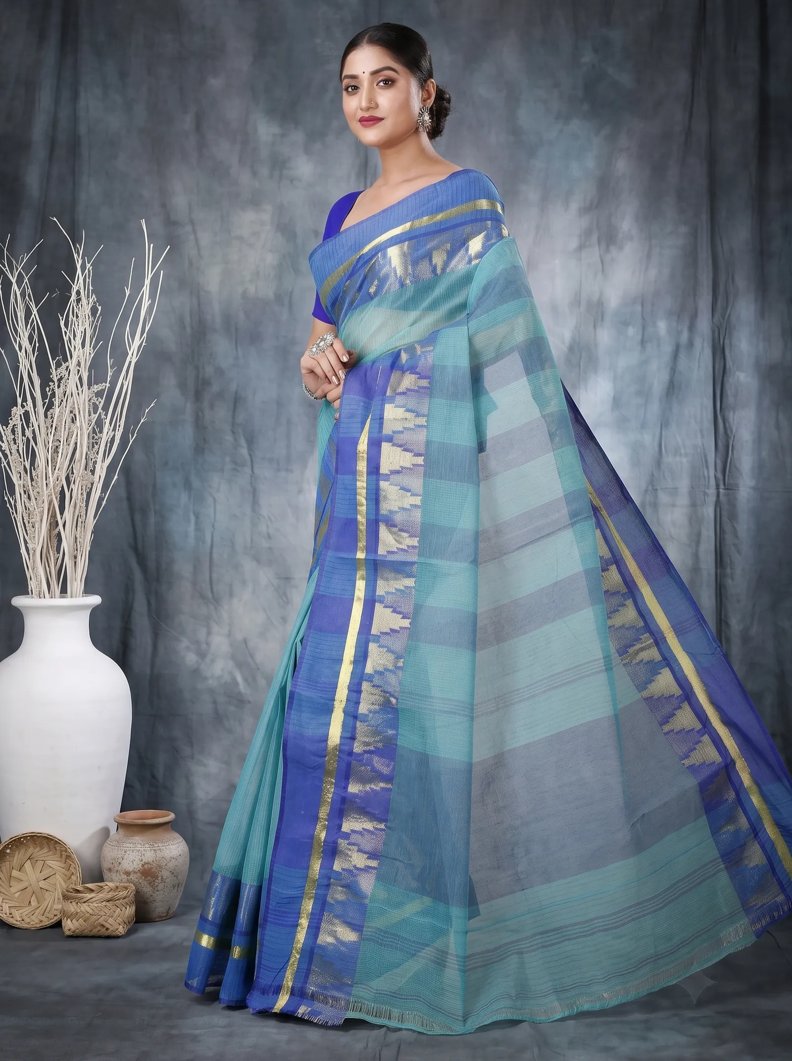 DipDiya Pure Cotton  Traditional Bengali See Green Artisan Crafted Vrinda Tant Saree