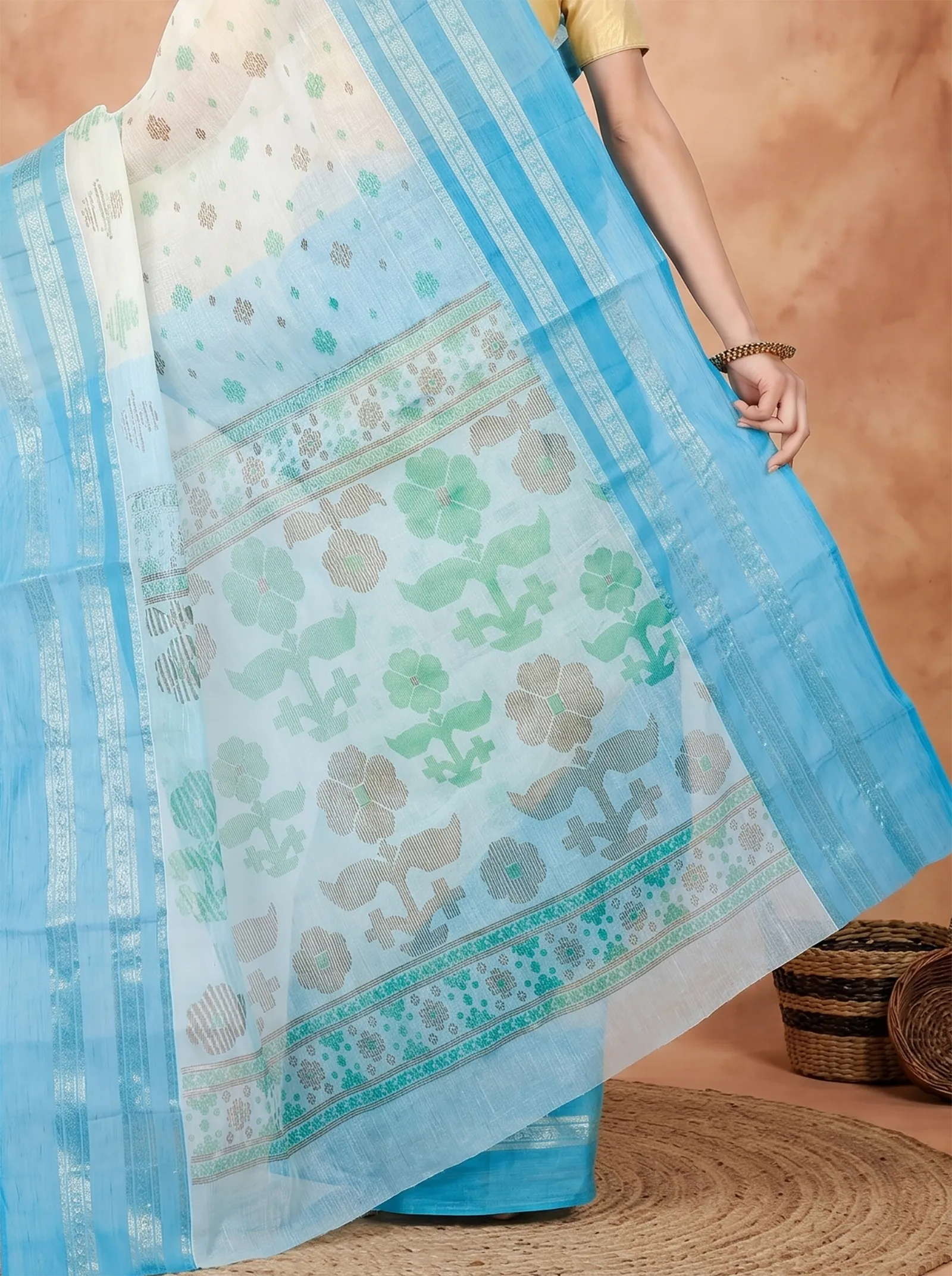 DipDiya Pure Cotton  Traditional Bengali Sky Blue Artisan Crafted FullBall Print Printed Tant Saree