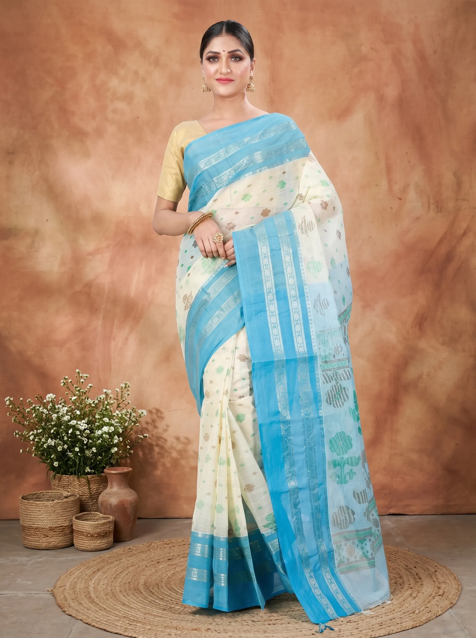 DipDiya Pure Cotton  Traditional Bengali Sky Blue Artisan Crafted FullBall Print Printed Tant Saree