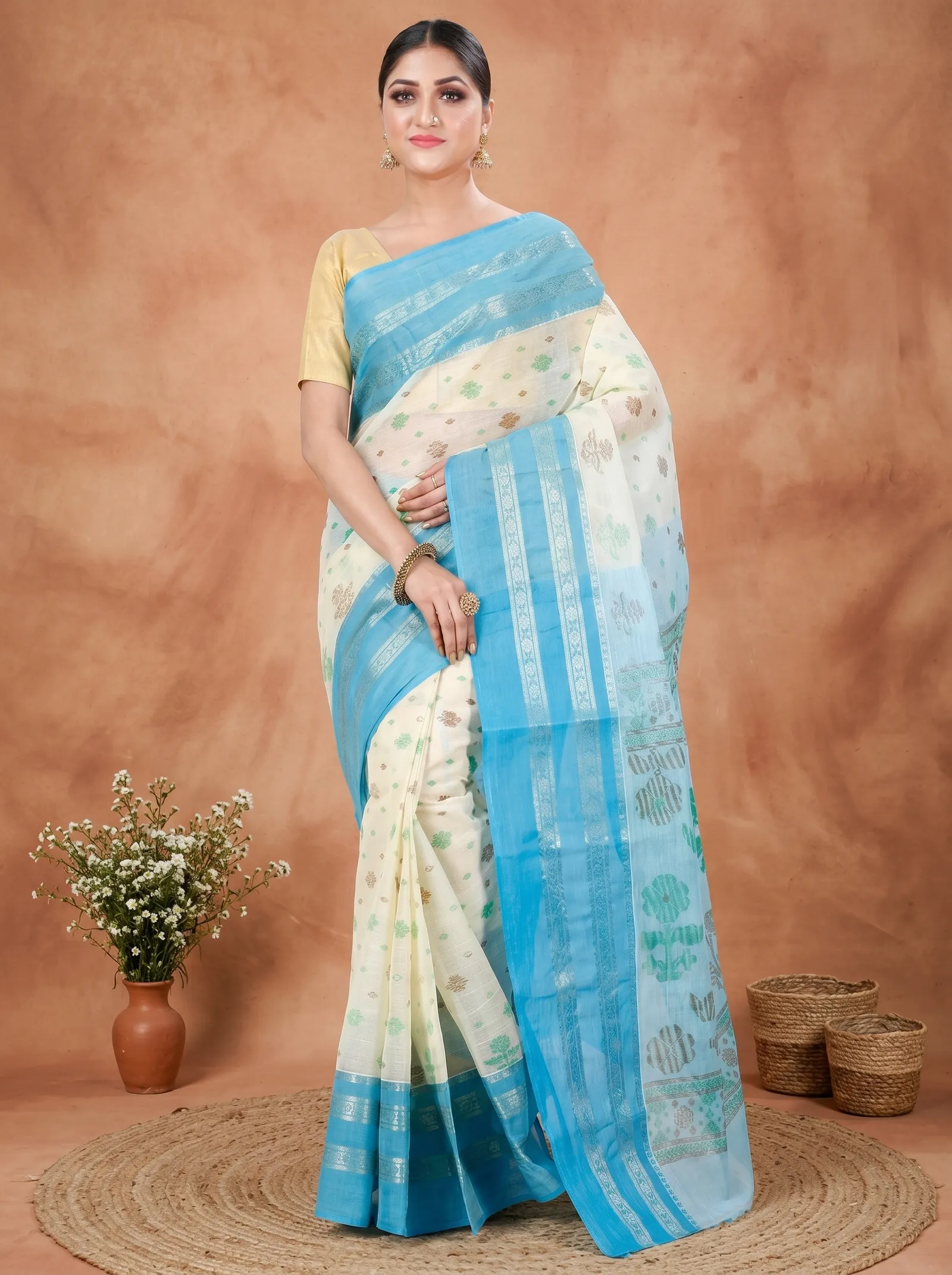 DipDiya Pure Cotton  Traditional Bengali Sky Blue Artisan Crafted FullBall Print Printed Tant Saree