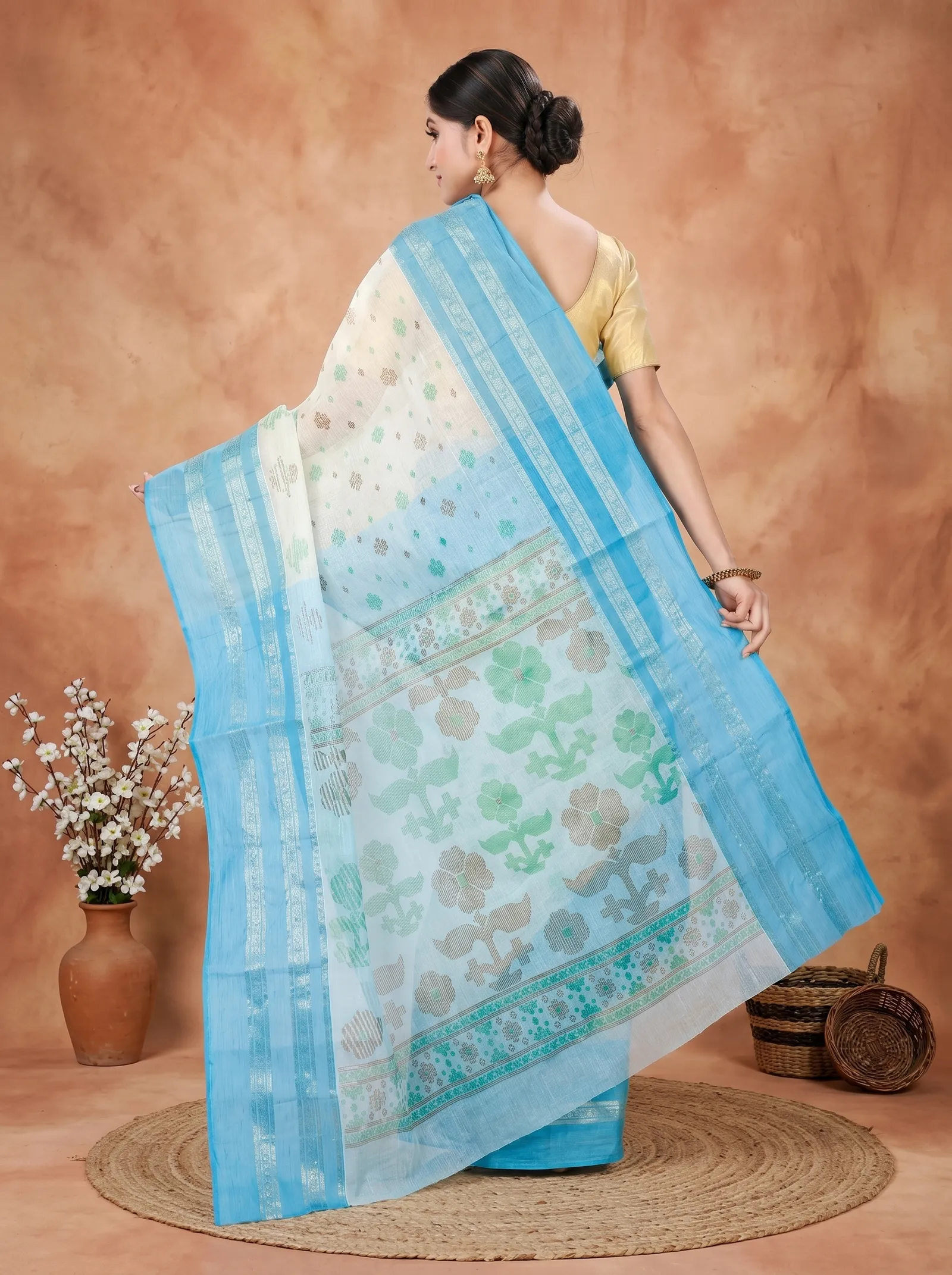 DipDiya Pure Cotton  Traditional Bengali Sky Blue Artisan Crafted FullBall Print Printed Tant Saree