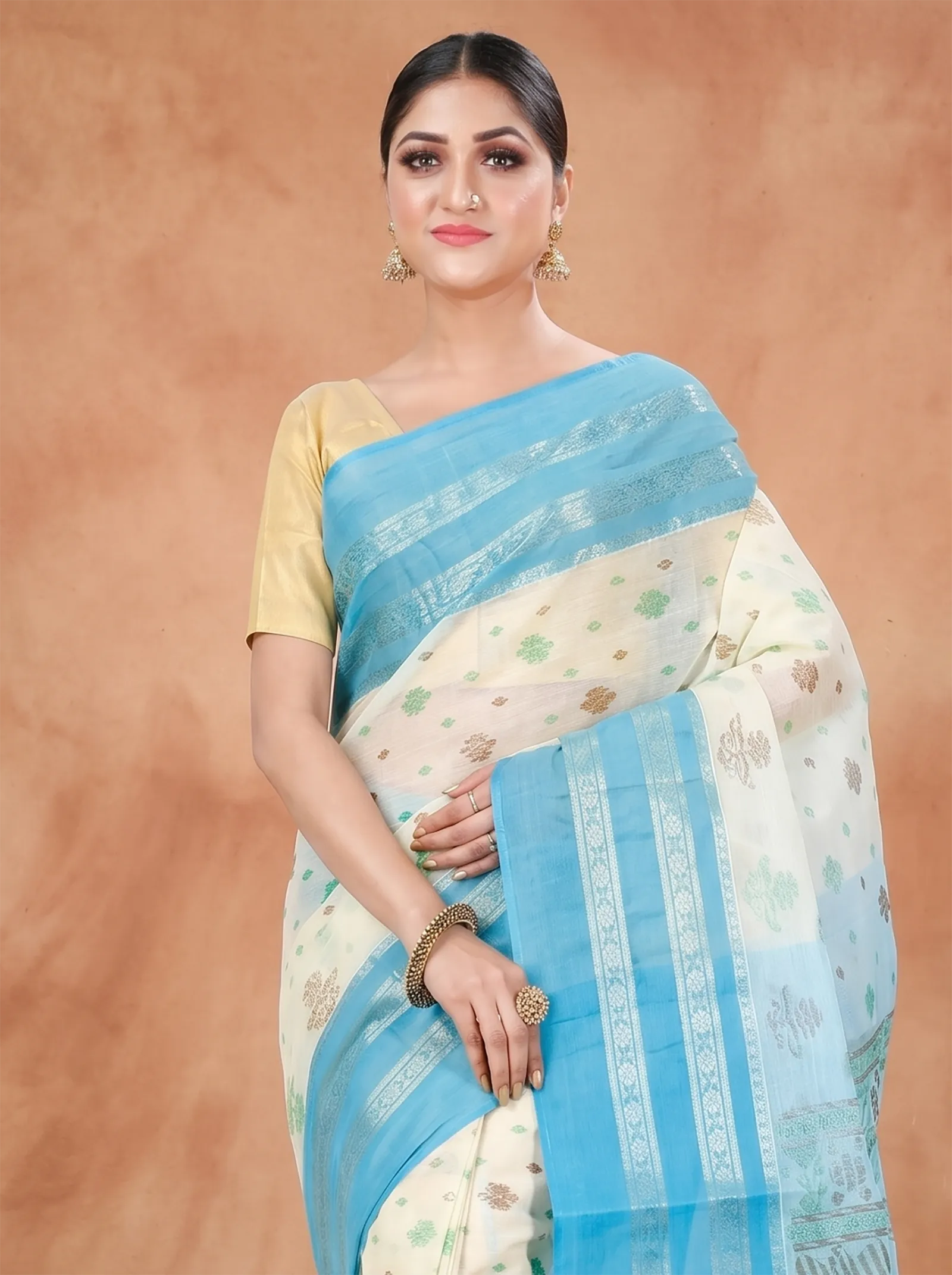 DipDiya Pure Cotton  Traditional Bengali Sky Blue Artisan Crafted FullBall Print Printed Tant Saree