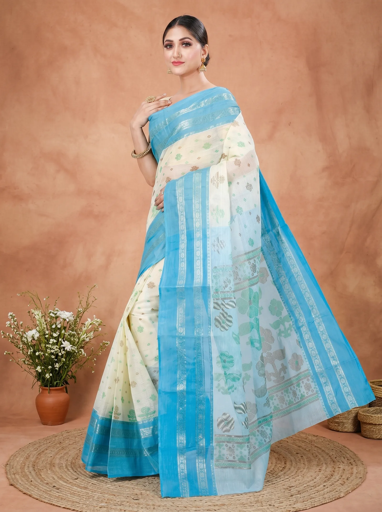 DipDiya Pure Cotton  Traditional Bengali Sky Blue Artisan Crafted FullBall Print Printed Tant Saree