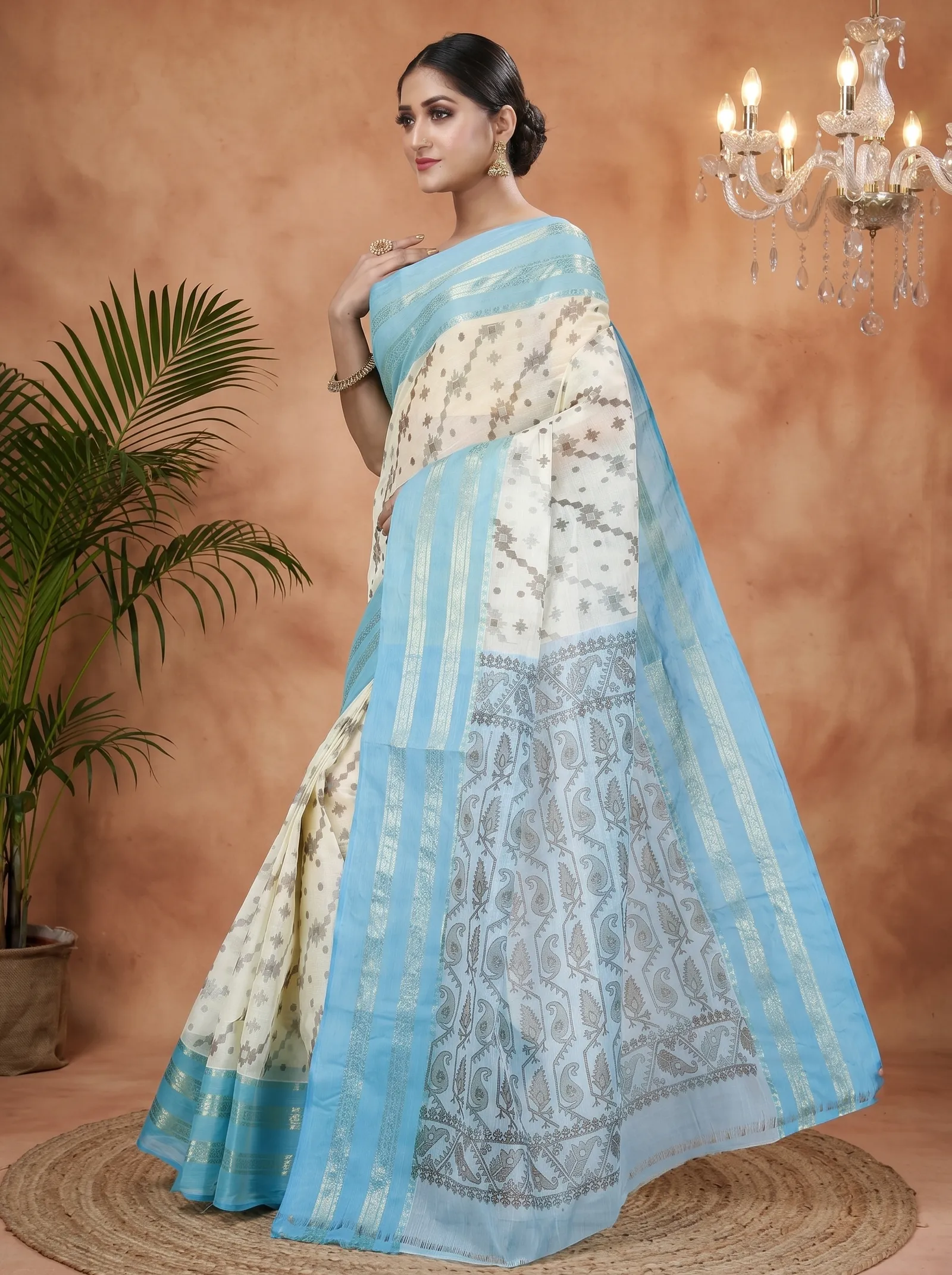 DipDiya Pure Cotton  Traditional Bengali Sky Blue Artisan Crafted Rashi Print Printed Tant Saree