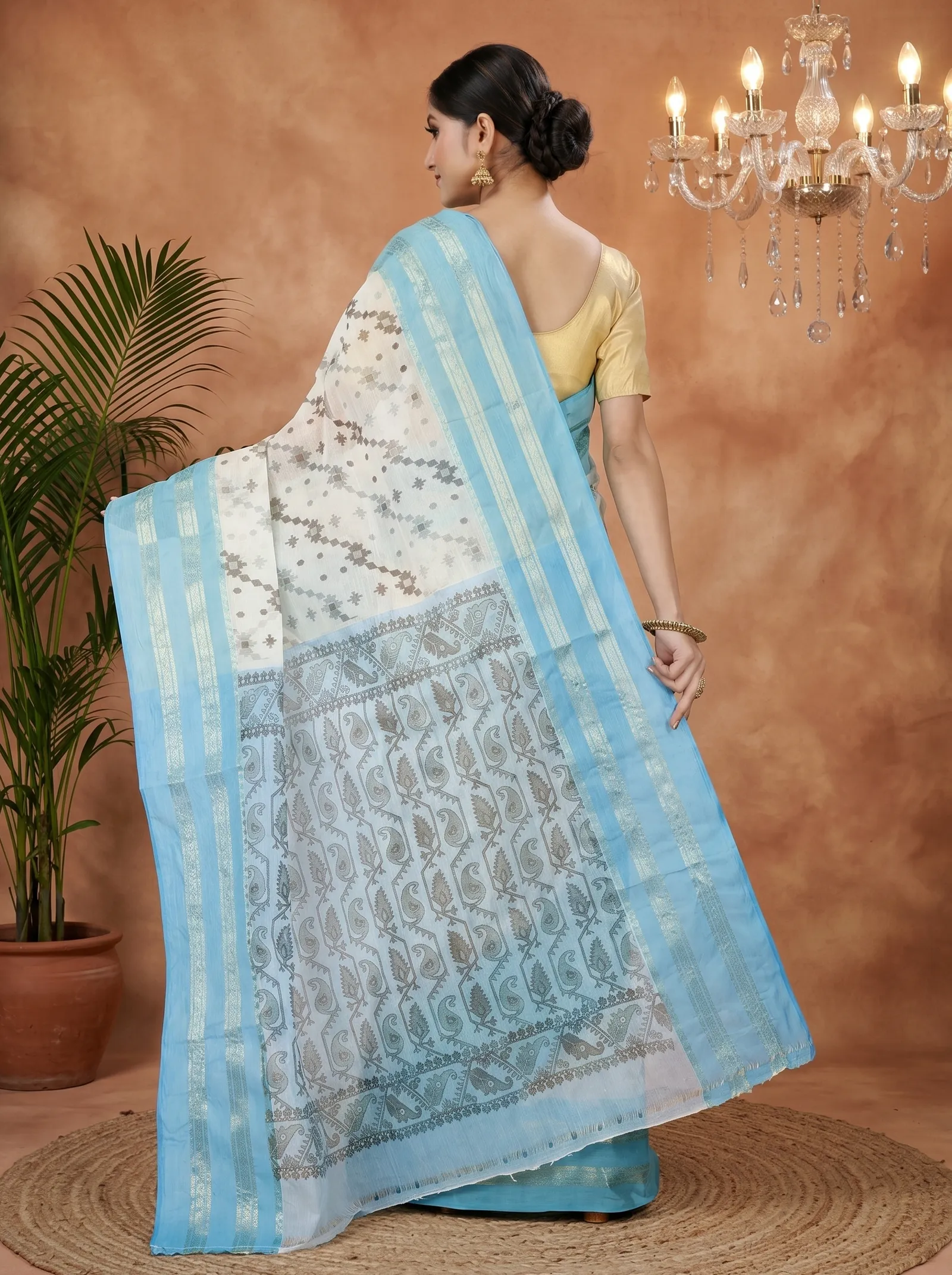 DipDiya Pure Cotton  Traditional Bengali Sky Blue Artisan Crafted Rashi Print Printed Tant Saree