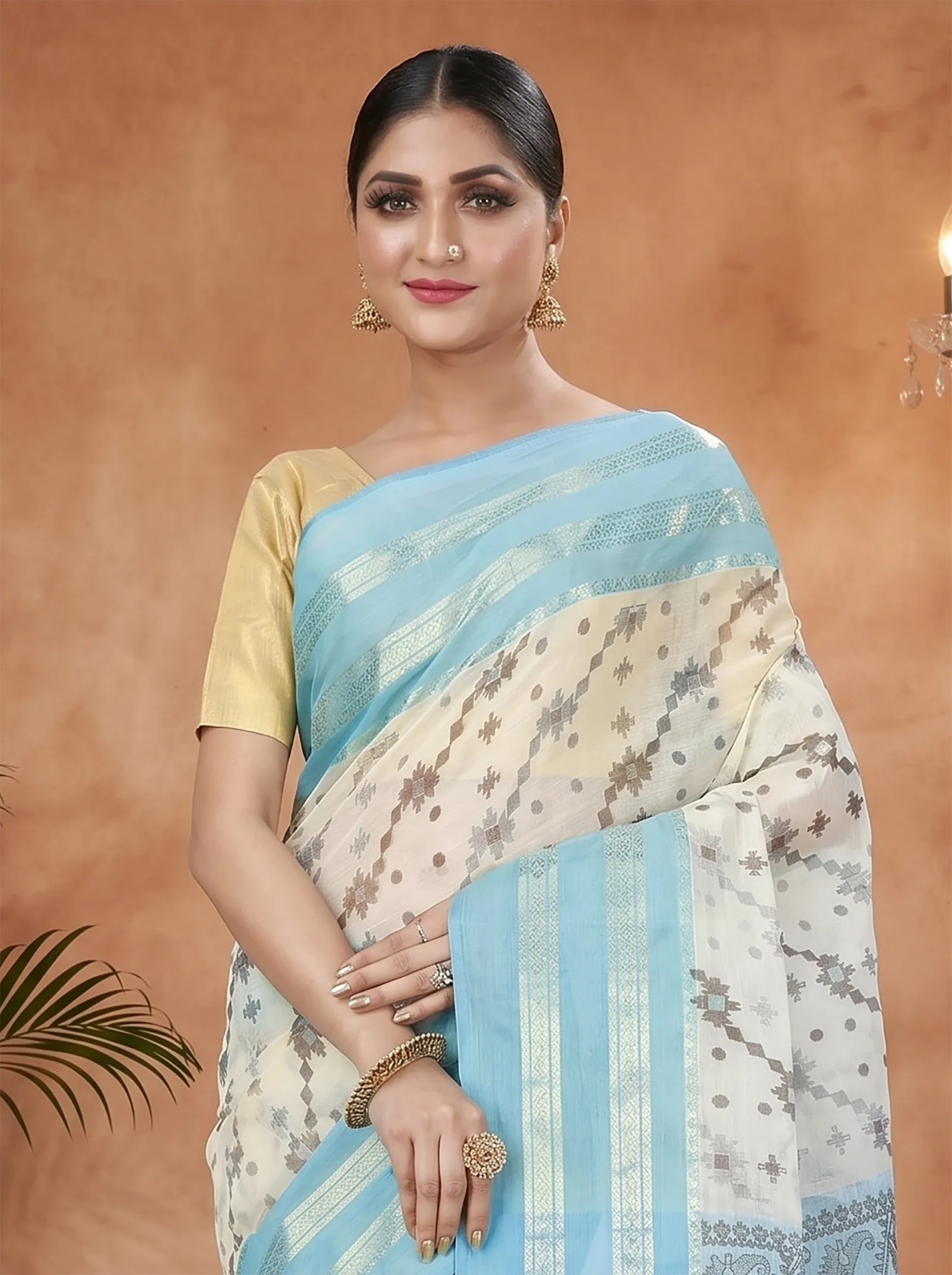DipDiya Pure Cotton  Traditional Bengali Sky Blue Artisan Crafted Rashi Print Printed Tant Saree