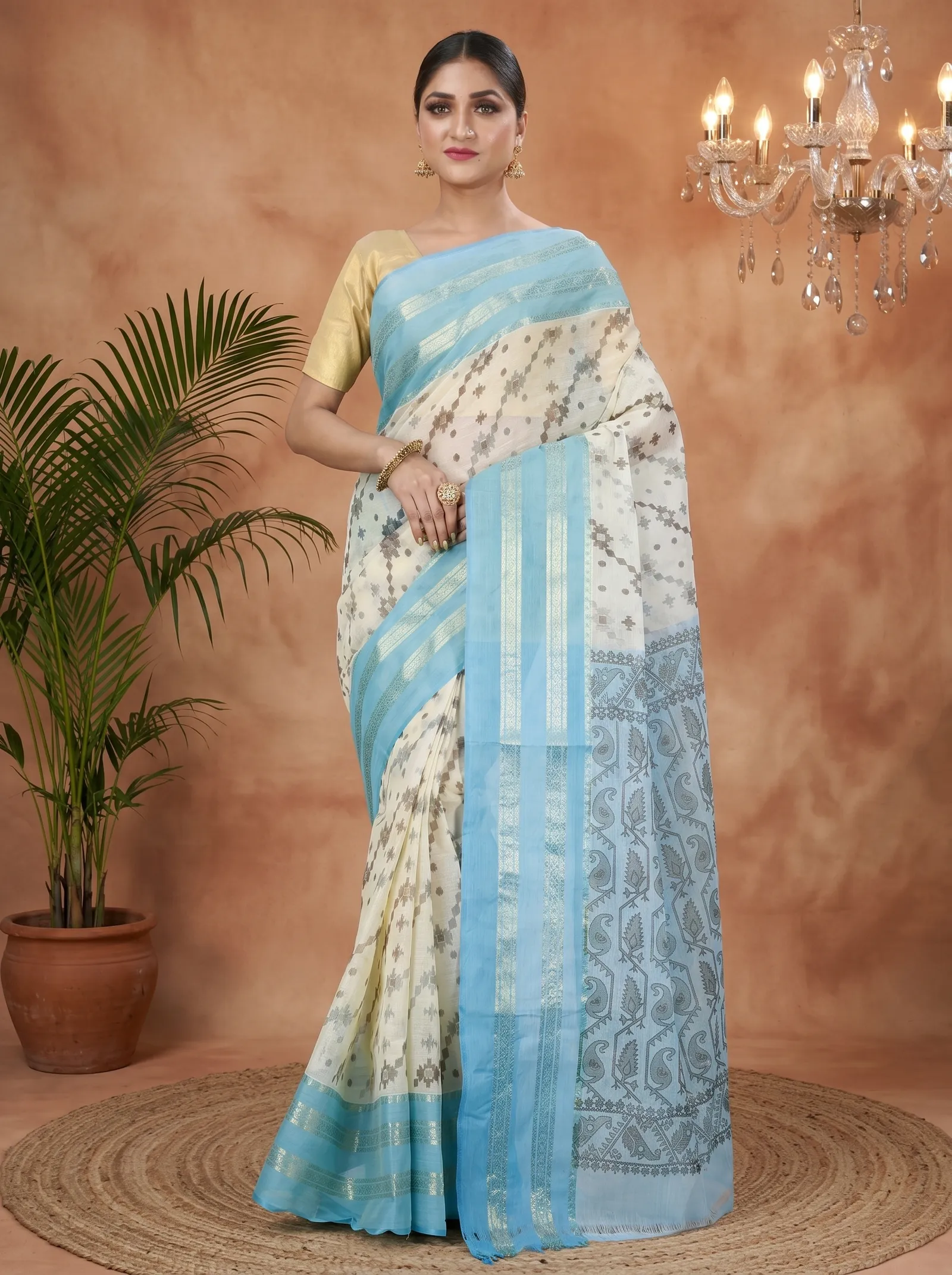 DipDiya Pure Cotton  Traditional Bengali Sky Blue Artisan Crafted Rashi Print Printed Tant Saree