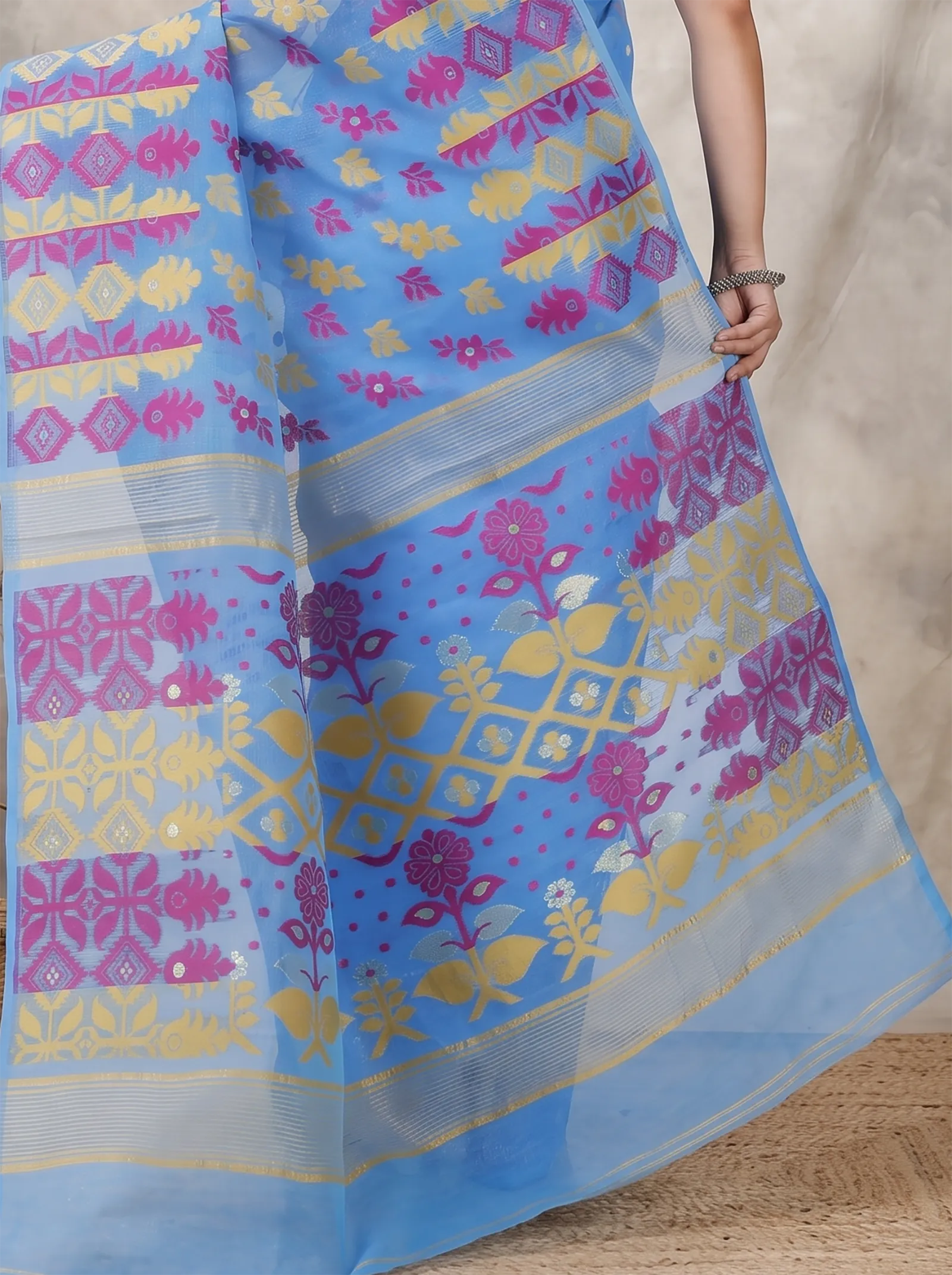 DipDiya Pure Cotton  Traditional Bengali Sky Blue Artisan Crafted Urmila Jamdani Saree