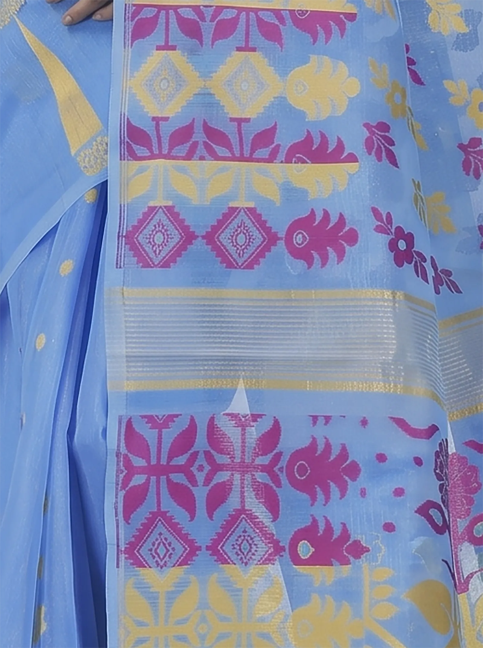 DipDiya Pure Cotton  Traditional Bengali Sky Blue Artisan Crafted Urmila Jamdani Saree