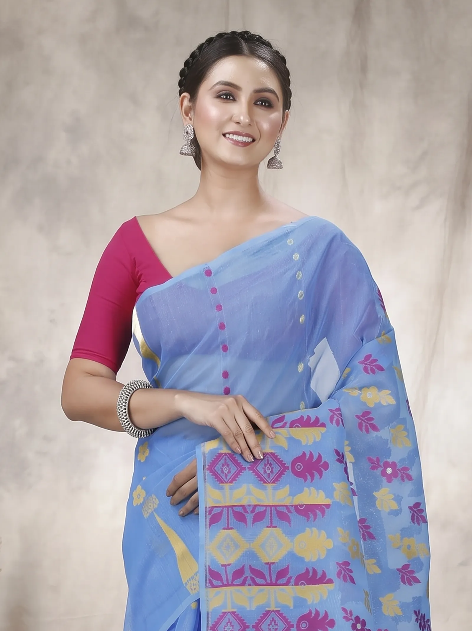 DipDiya Pure Cotton  Traditional Bengali Sky Blue Artisan Crafted Urmila Jamdani Saree