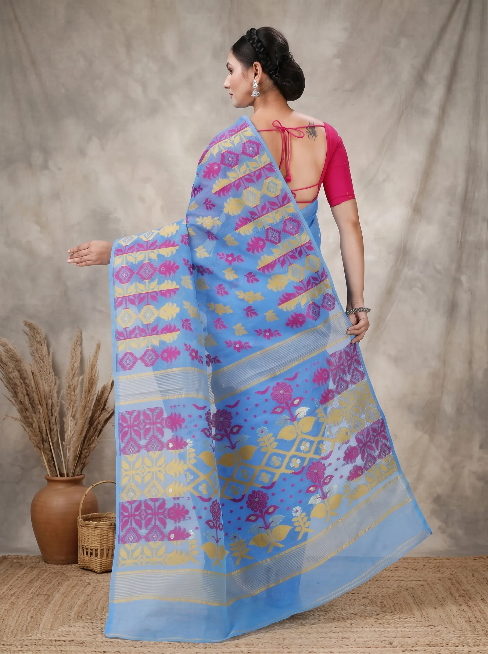 DipDiya Pure Cotton  Traditional Bengali Sky Blue Artisan Crafted Urmila Jamdani Saree