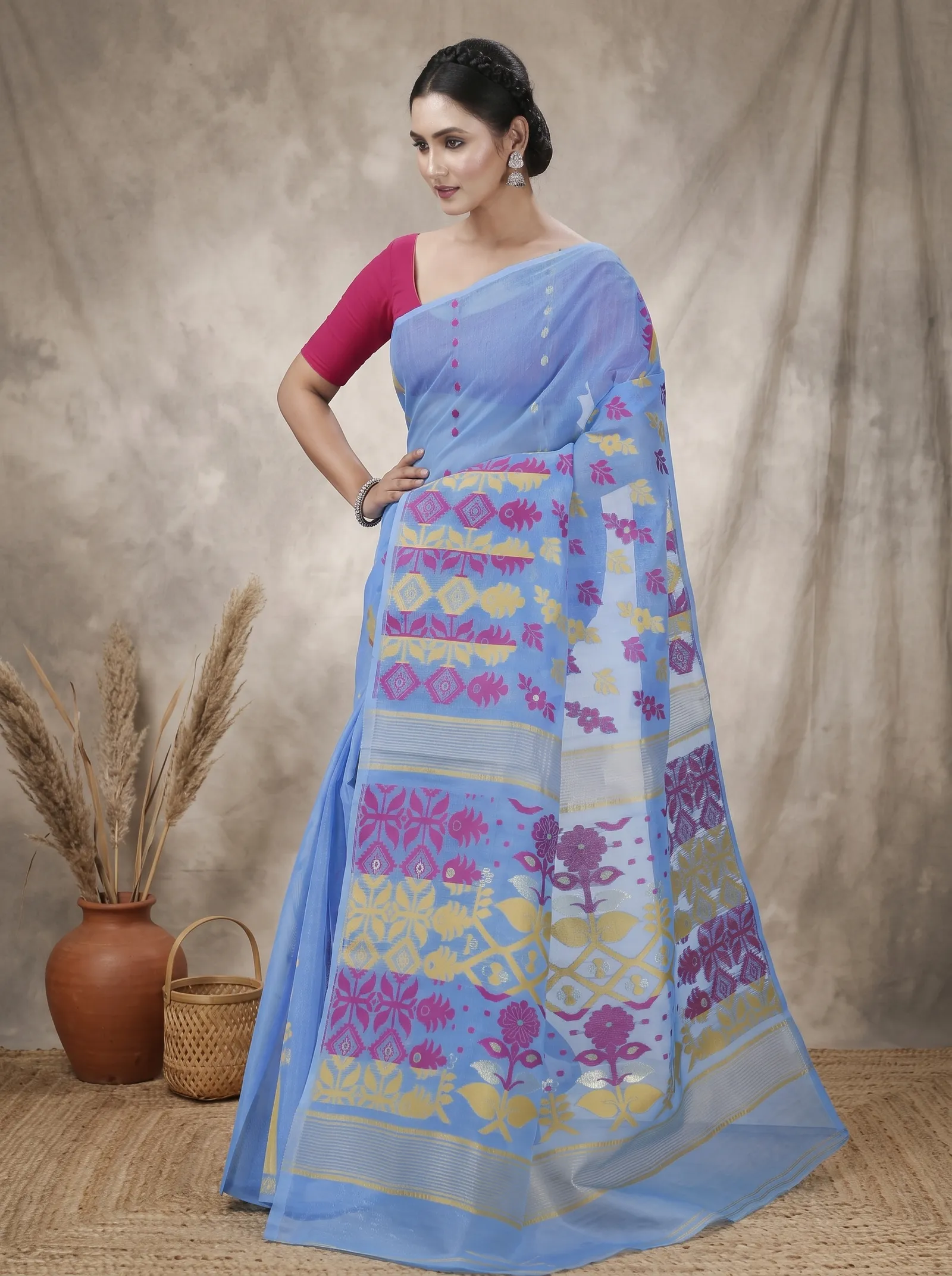 DipDiya Pure Cotton  Traditional Bengali Sky Blue Artisan Crafted Urmila Jamdani Saree