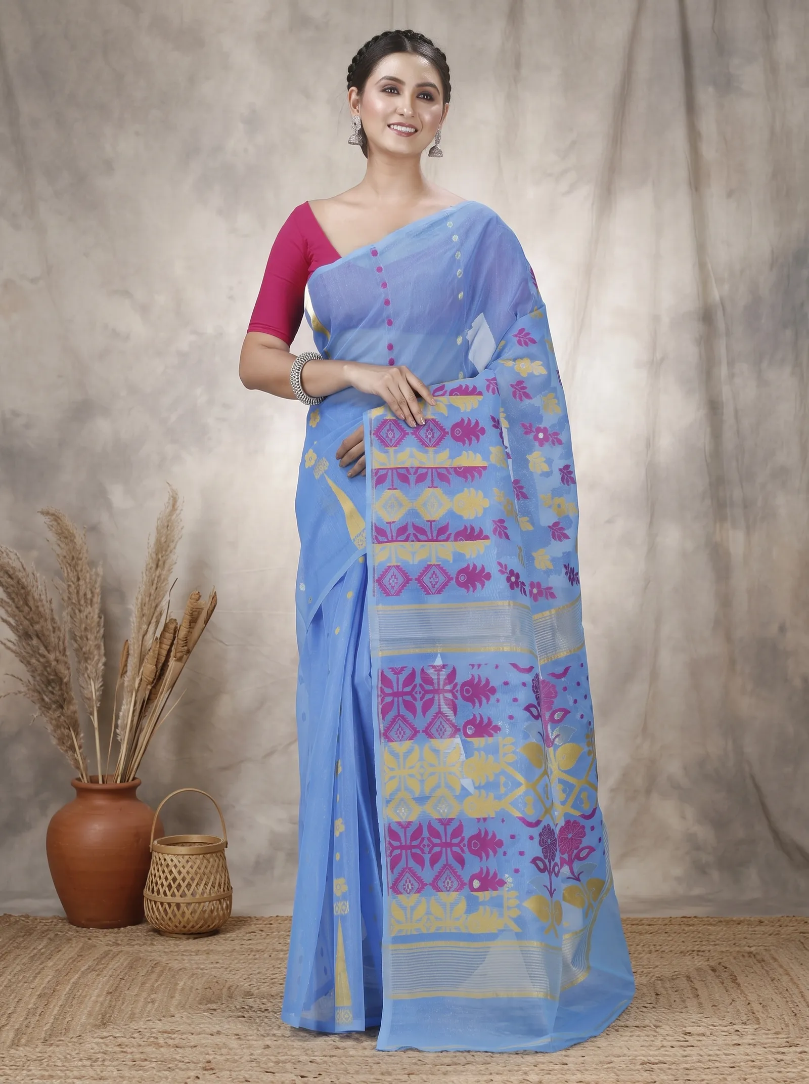 DipDiya Pure Cotton  Traditional Bengali Sky Blue Artisan Crafted Urmila Jamdani Saree