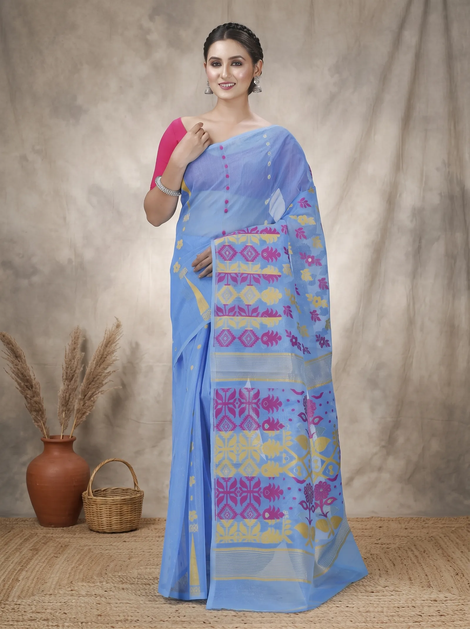 DipDiya Pure Cotton  Traditional Bengali Sky Blue Artisan Crafted Urmila Jamdani Saree