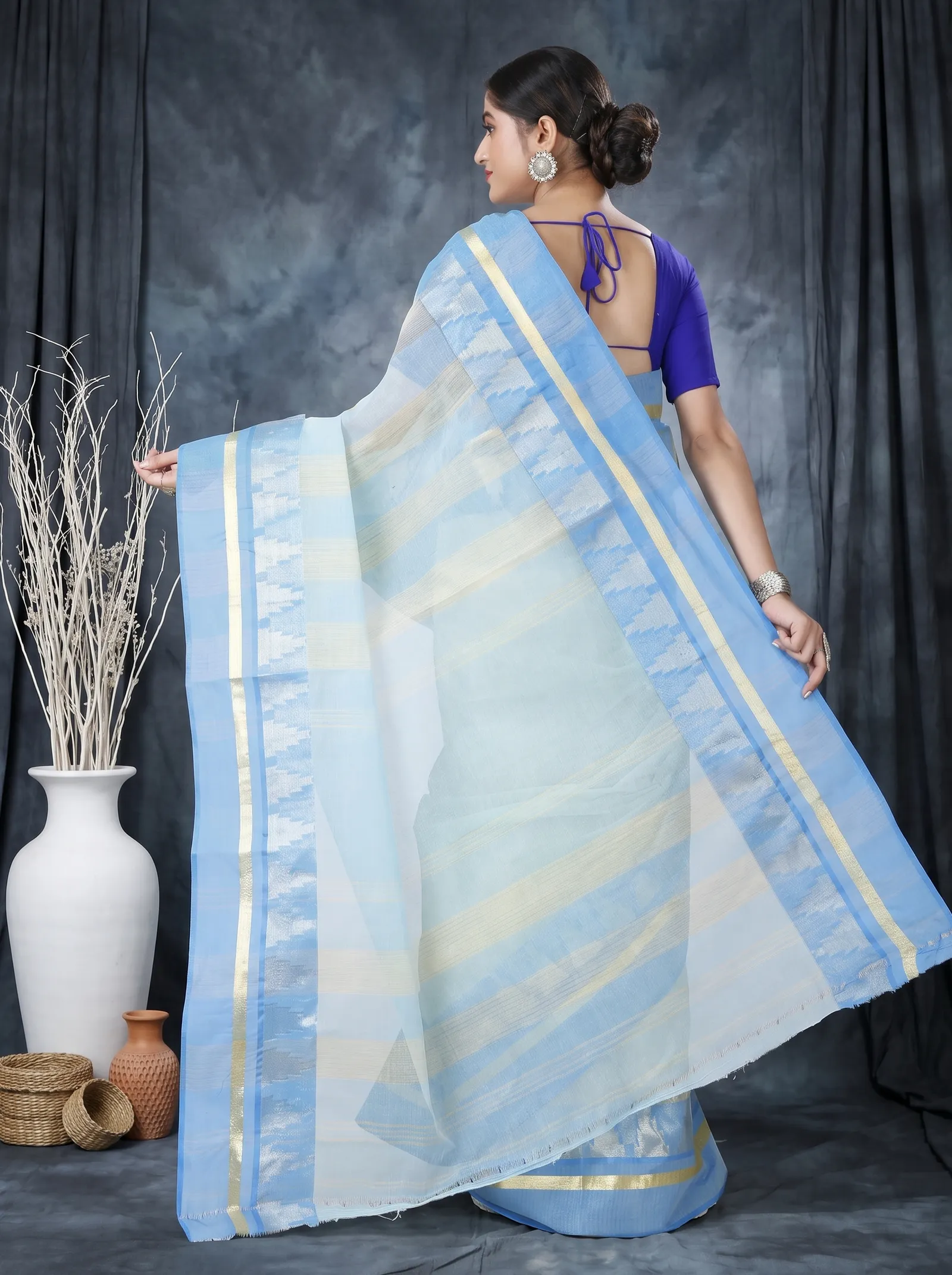 DipDiya Pure Cotton  Traditional Bengali Sky Blue Artisan Crafted Vrinda Tant Saree