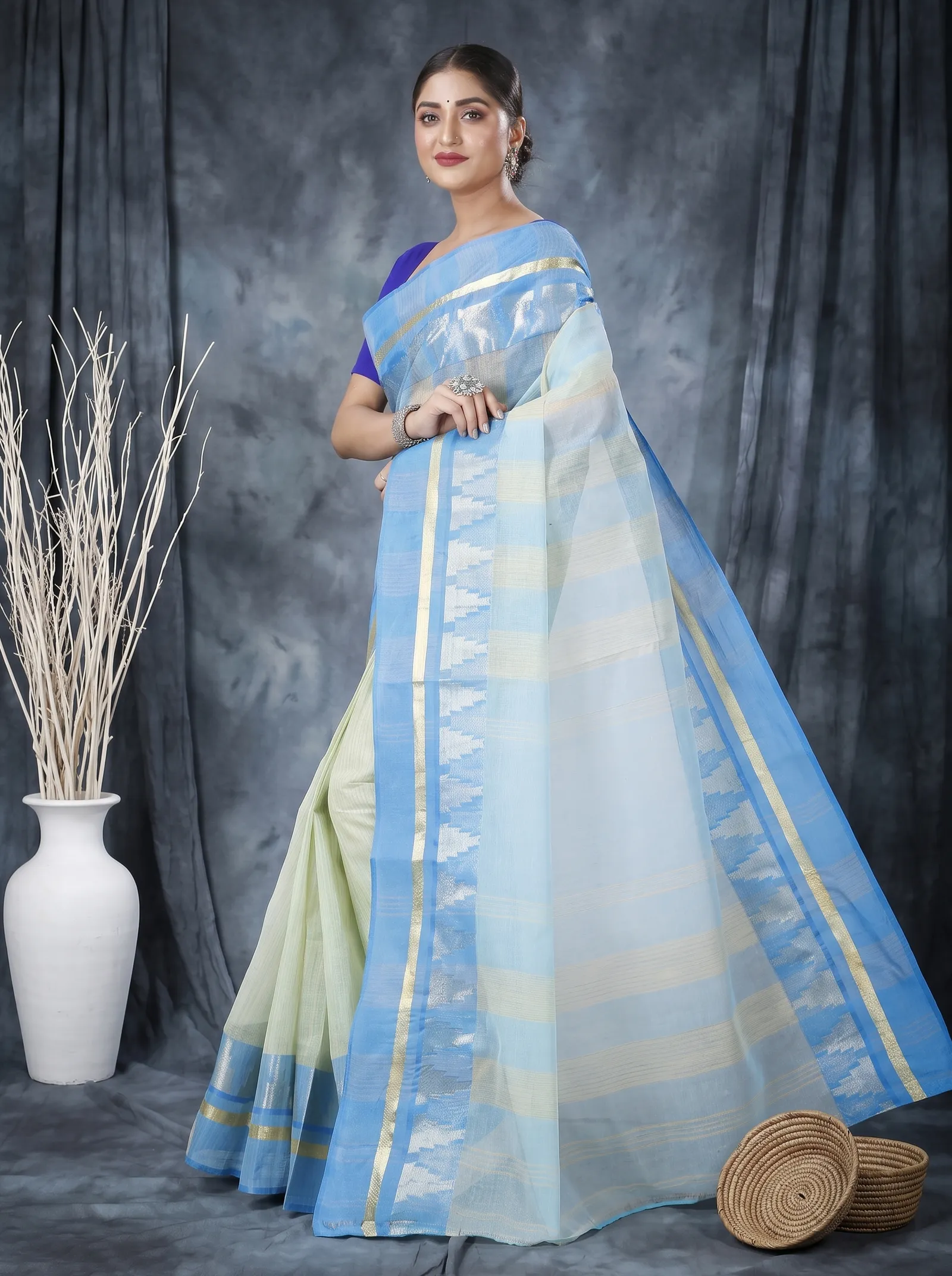 DipDiya Pure Cotton  Traditional Bengali Sky Blue Artisan Crafted Vrinda Tant Saree
