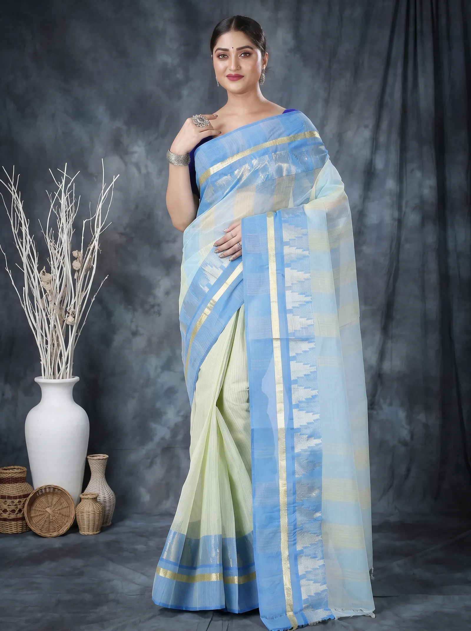 DipDiya Pure Cotton  Traditional Bengali Sky Blue Artisan Crafted Vrinda Tant Saree