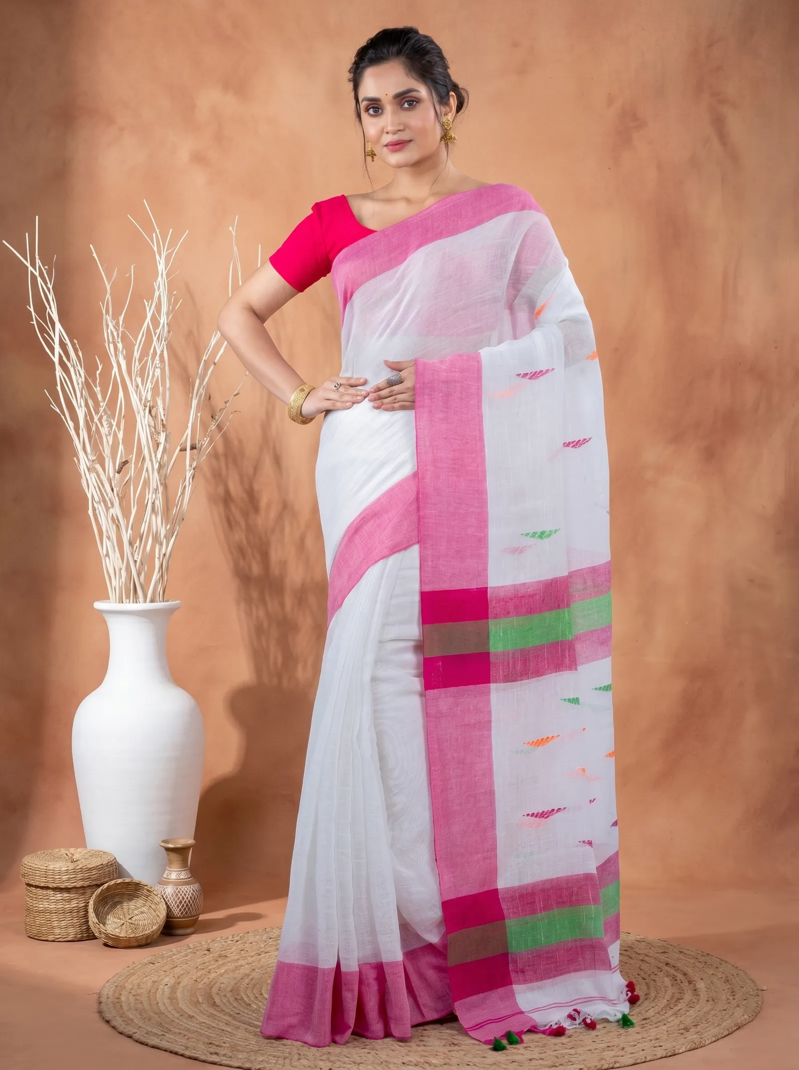 DipDiya Pure Cotton  Traditional Bengali White Artisan Crafted Clasic Than Handloom Saree