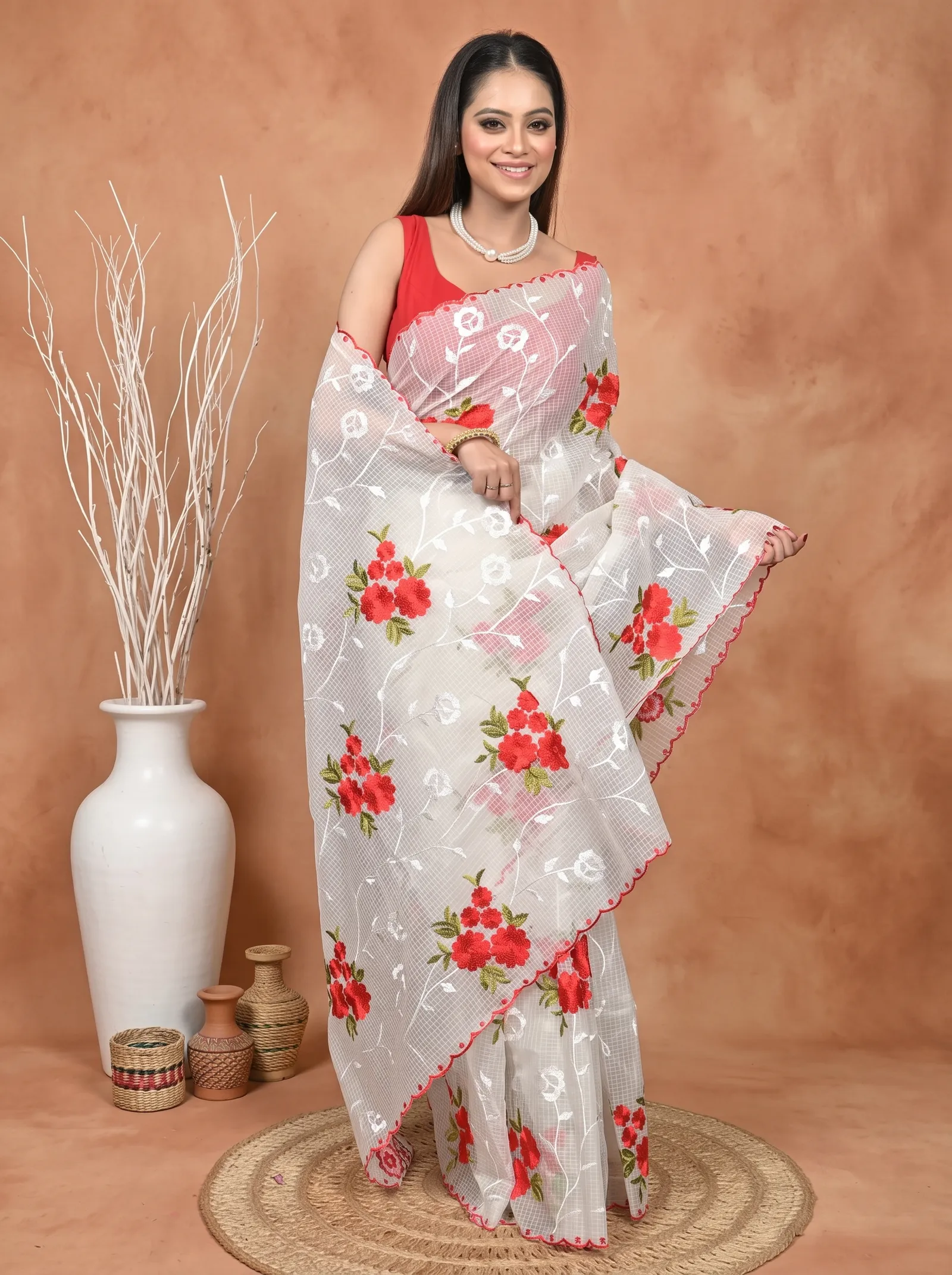 DipDiya Pure Cotton  Traditional Bengali White Artisan Crafted Kotambo Kota Embroidery Saree