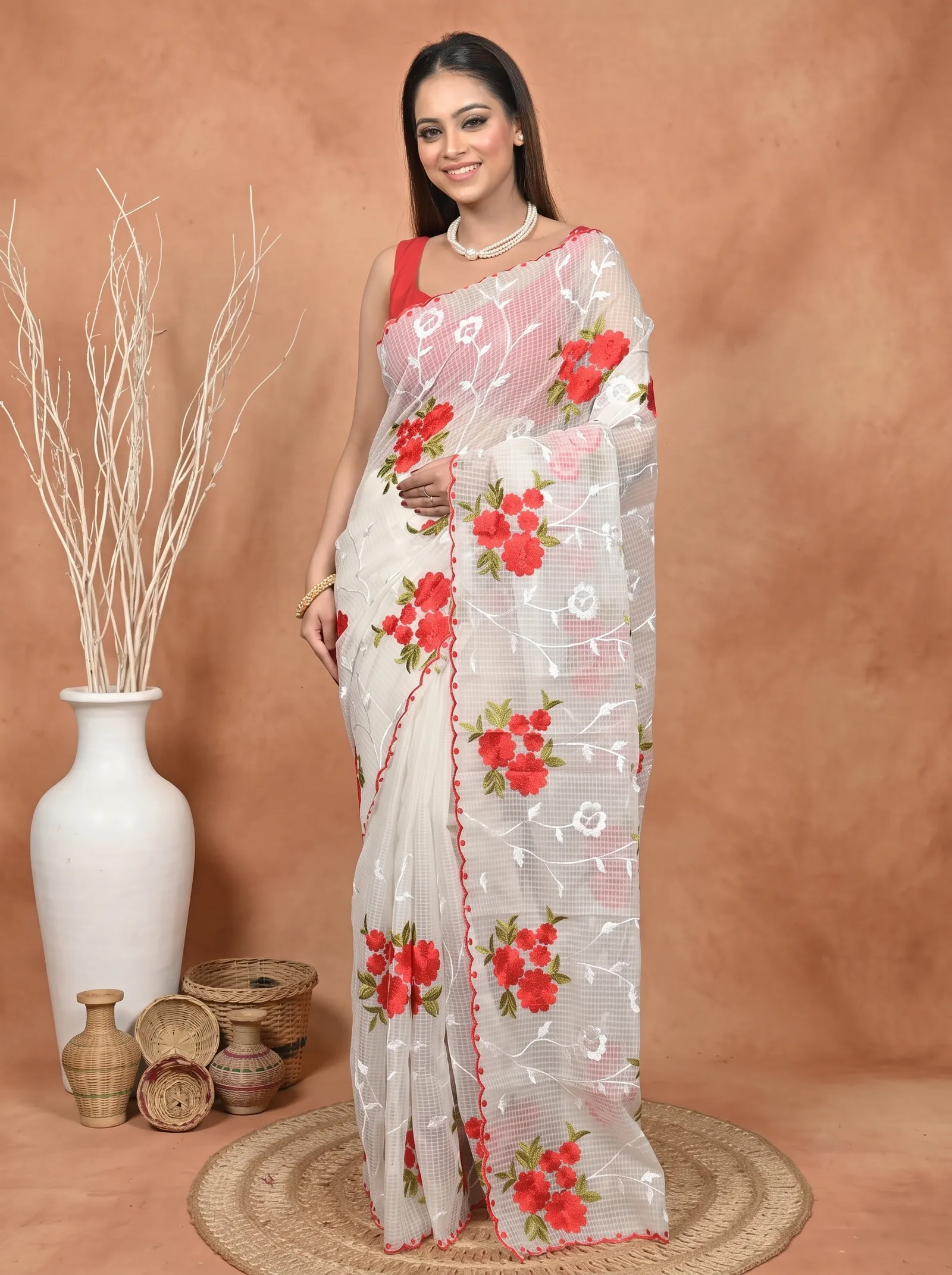 DipDiya Pure Cotton  Traditional Bengali White Artisan Crafted Kotambo Kota Embroidery Saree