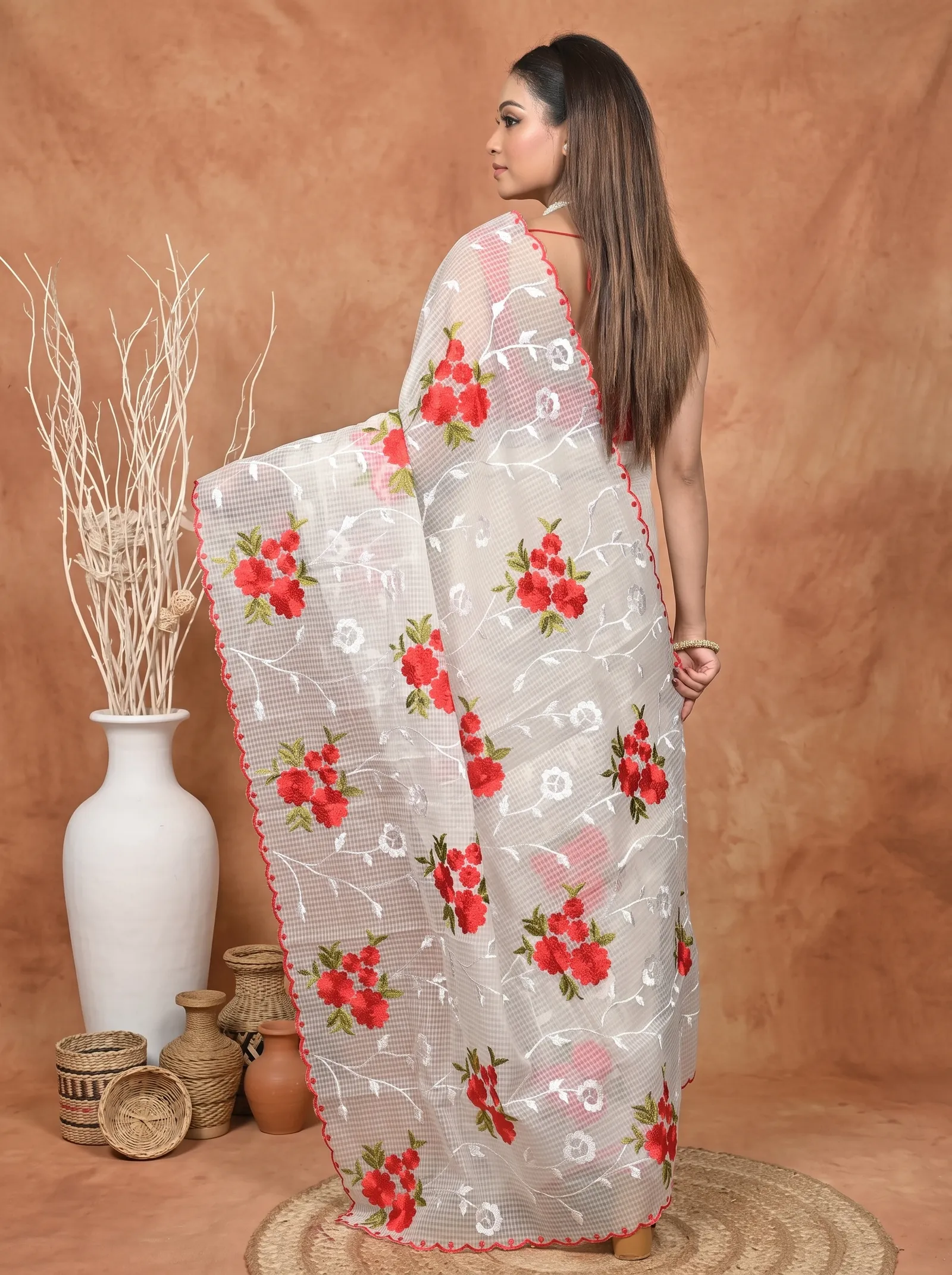 DipDiya Pure Cotton  Traditional Bengali White Artisan Crafted Kotambo Kota Embroidery Saree