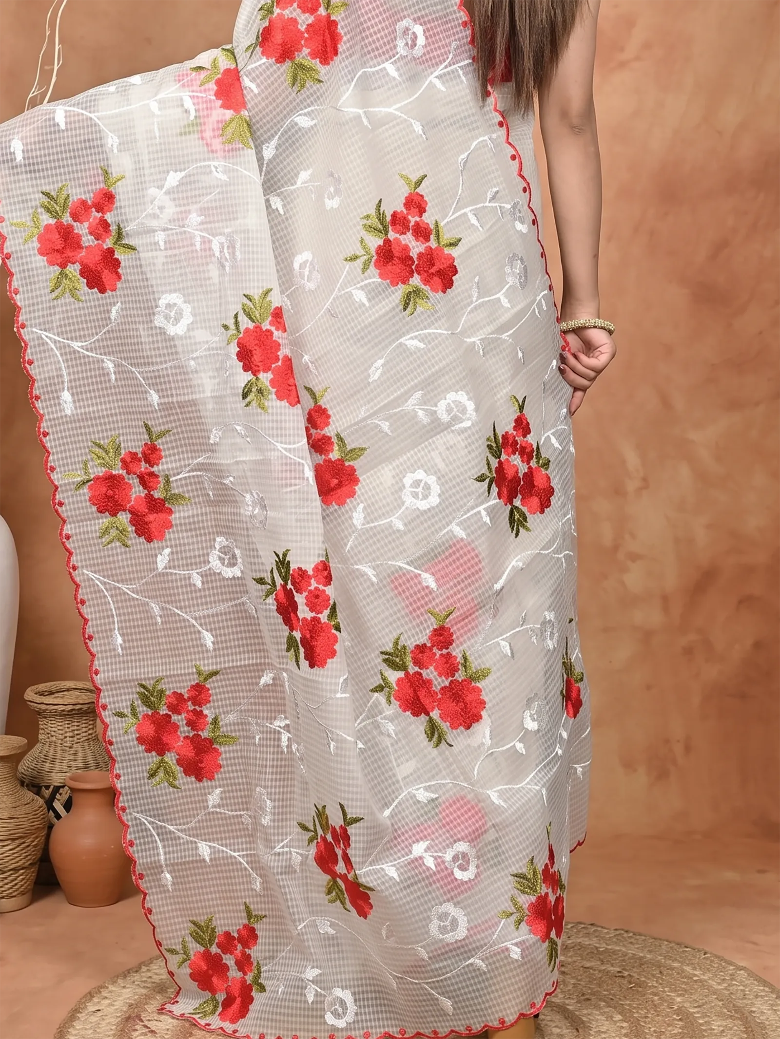 DipDiya Pure Cotton  Traditional Bengali White Artisan Crafted Kotambo Kota Embroidery Saree