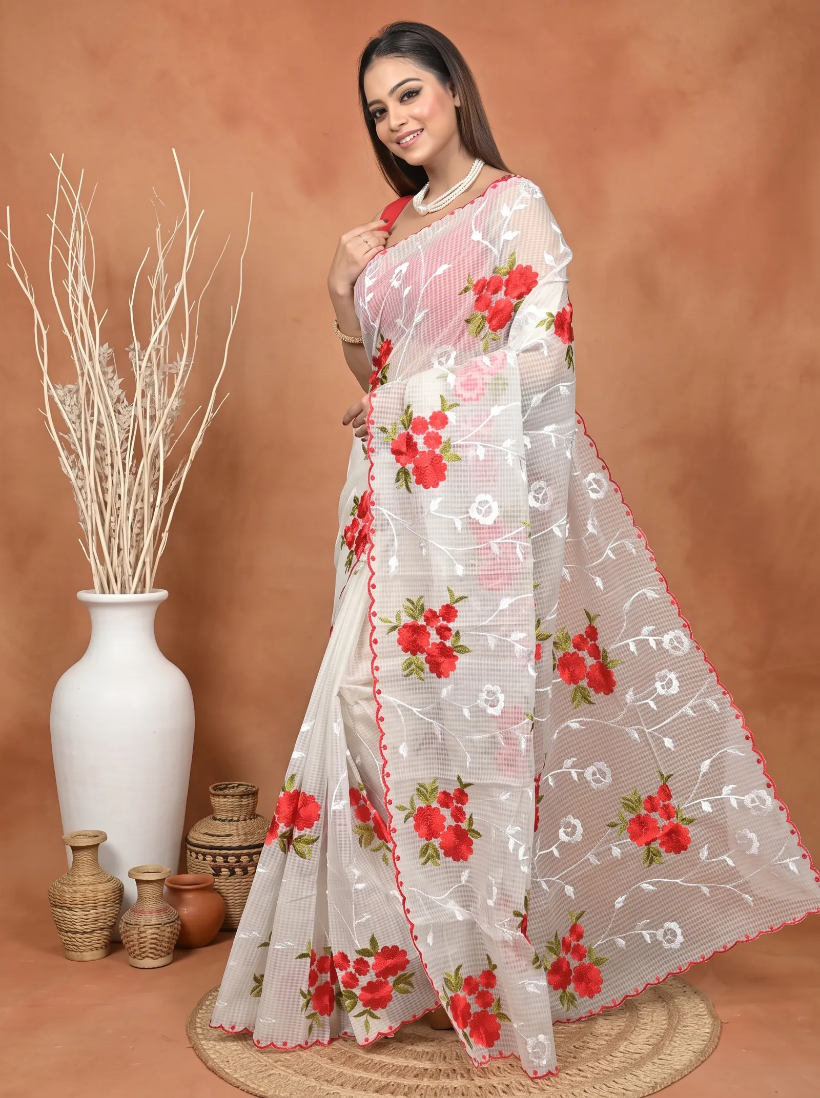 DipDiya Pure Cotton  Traditional Bengali White Artisan Crafted Kotambo Kota Embroidery Saree