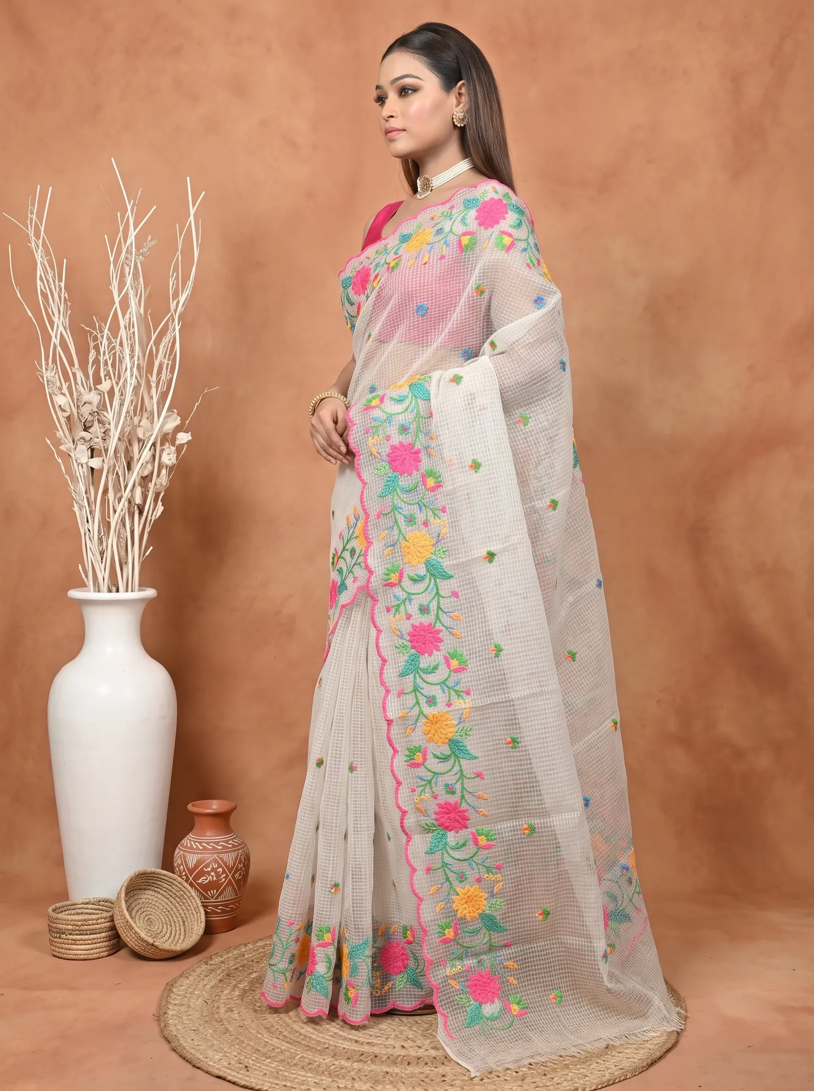 DipDiya Pure Cotton  Traditional Bengali White Artisan Crafted Kotamboi Kota Embroidery Saree