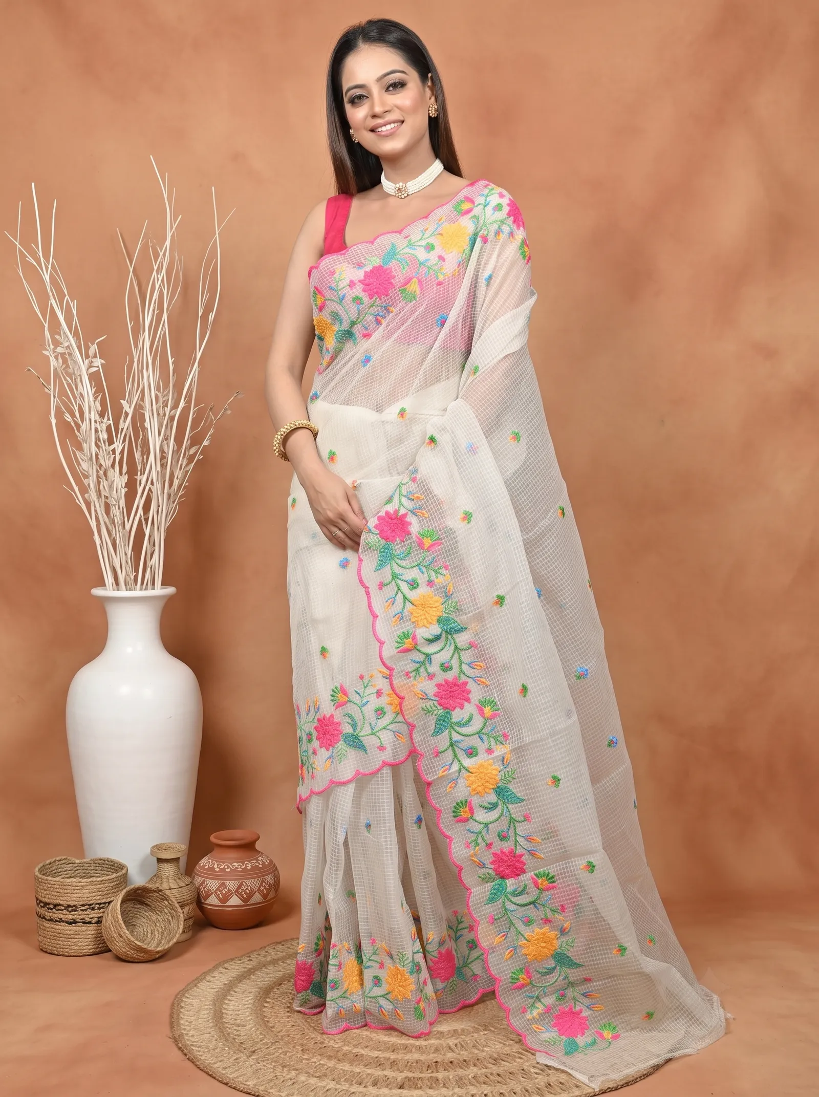 DipDiya Pure Cotton  Traditional Bengali White Artisan Crafted Kotamboi Kota Embroidery Saree