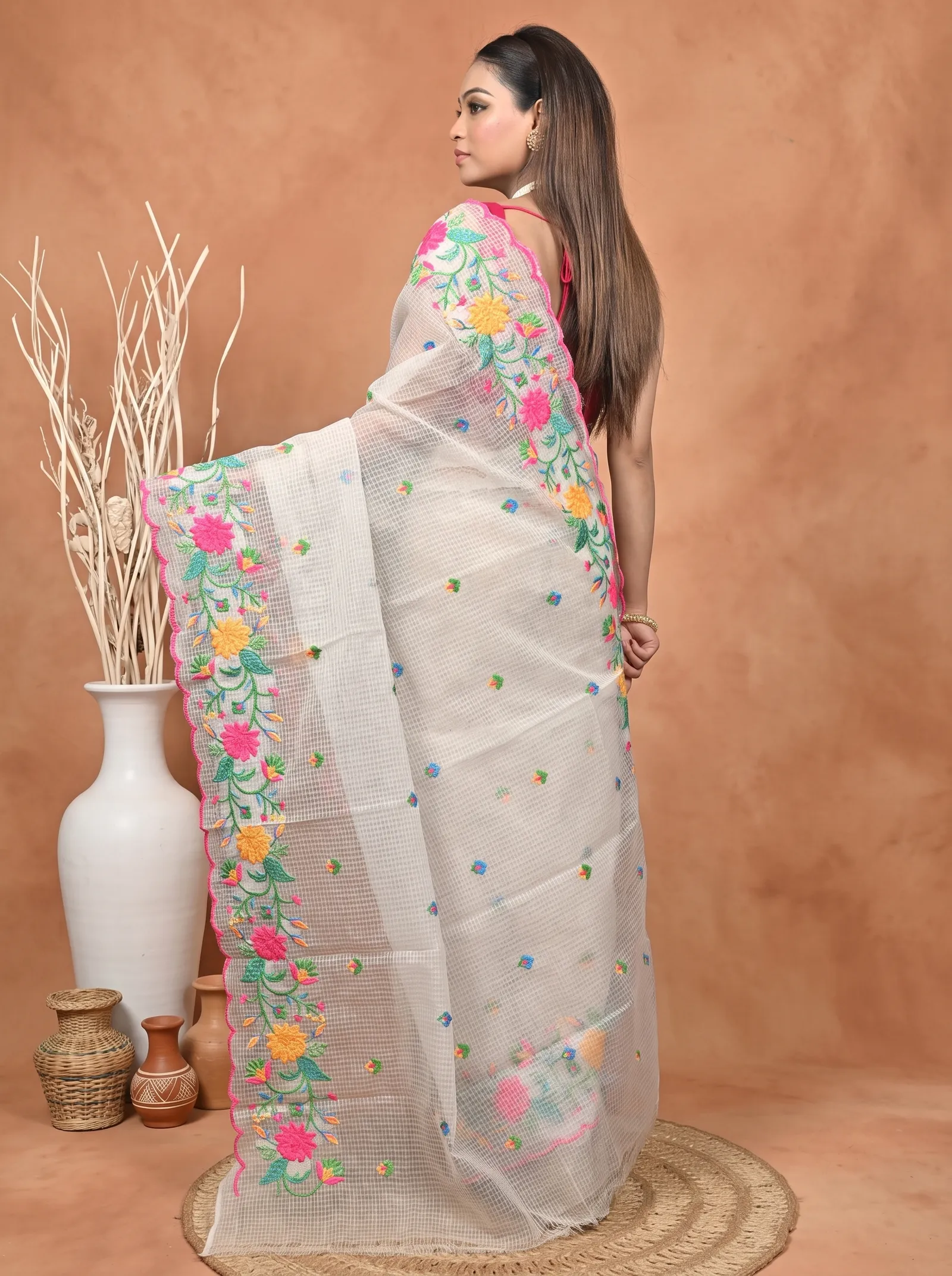 DipDiya Pure Cotton  Traditional Bengali White Artisan Crafted Kotamboi Kota Embroidery Saree