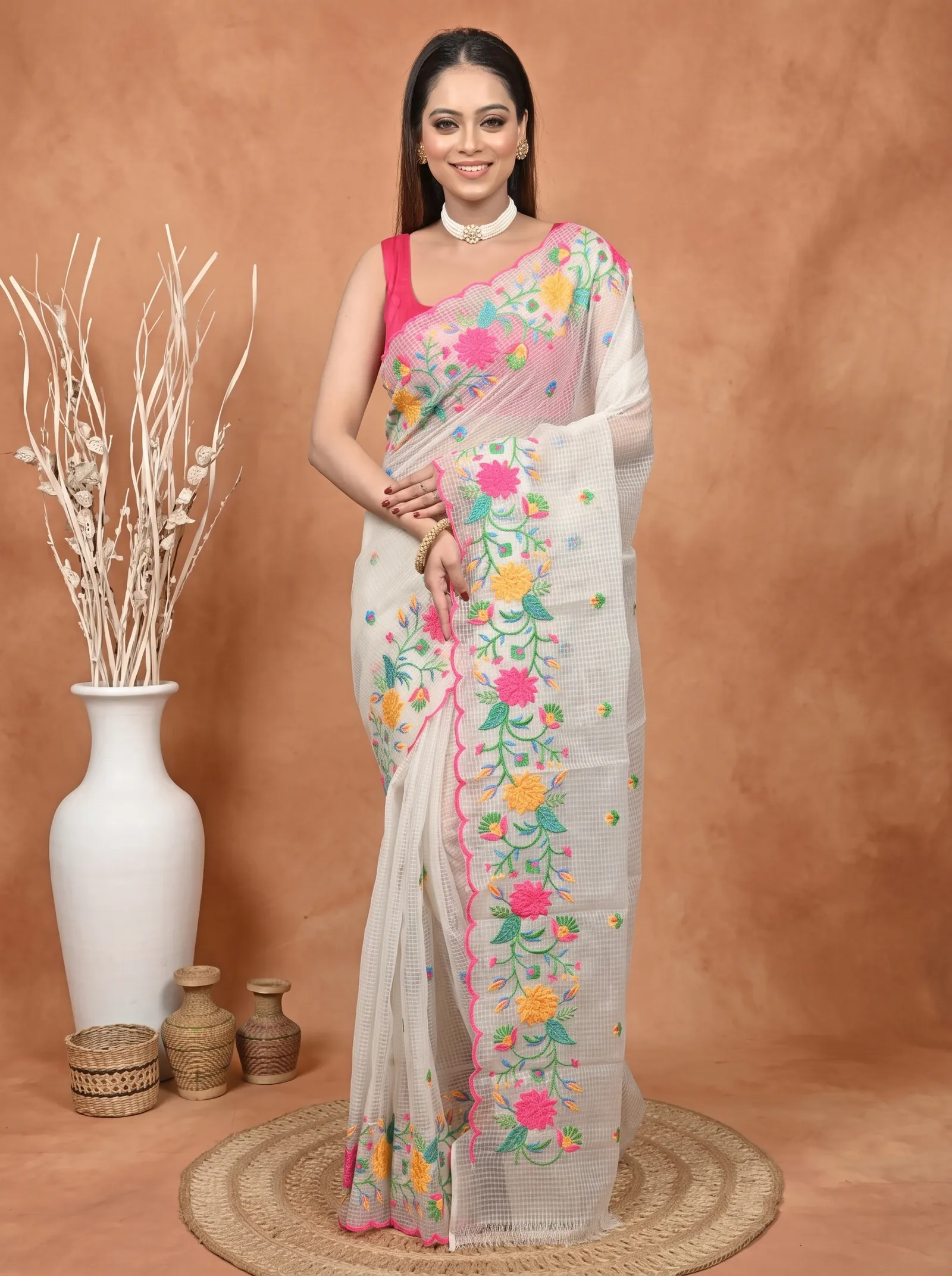 DipDiya Pure Cotton  Traditional Bengali White Artisan Crafted Kotamboi Kota Embroidery Saree