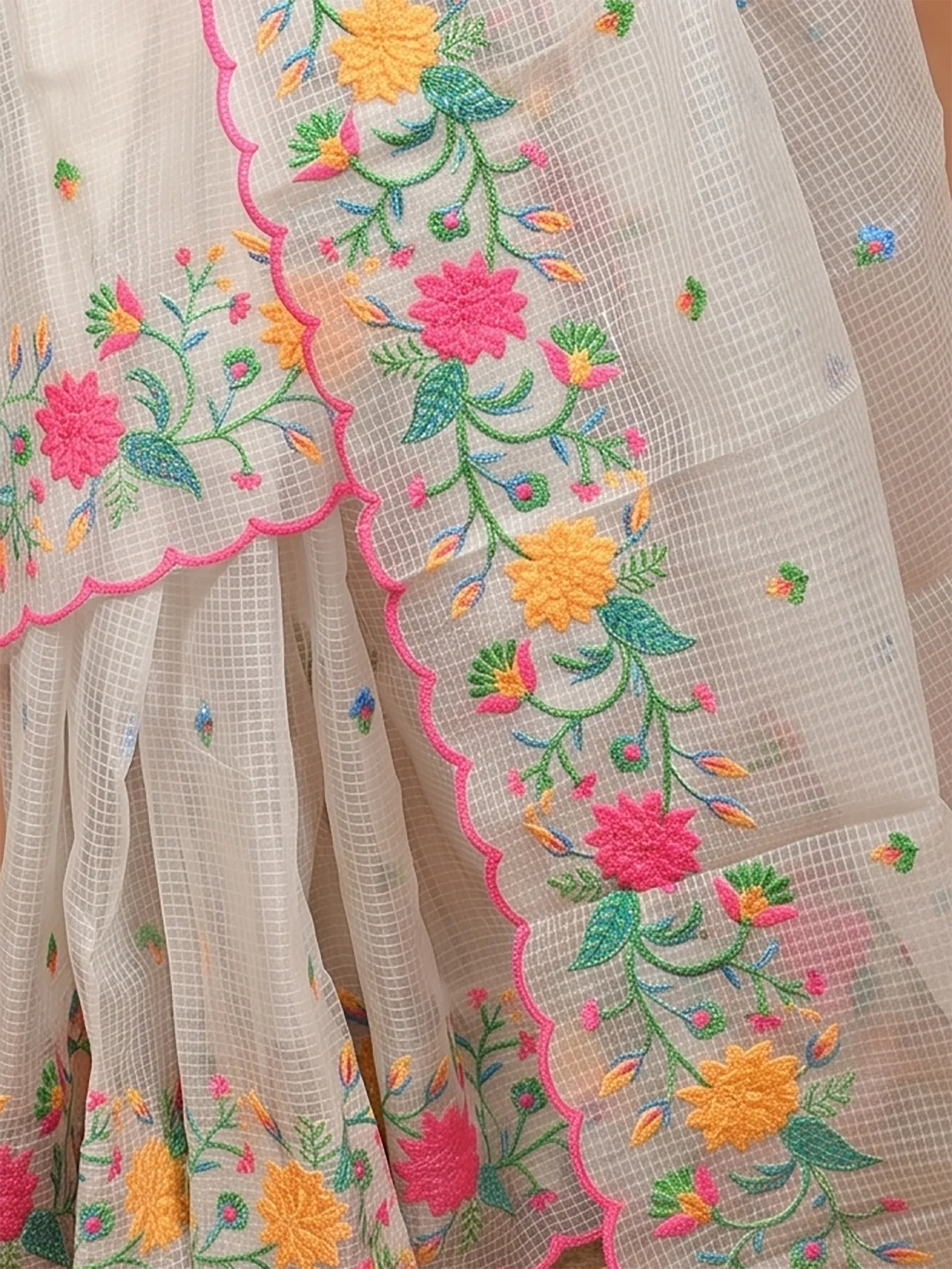 DipDiya Pure Cotton  Traditional Bengali White Artisan Crafted Kotamboi Kota Embroidery Saree