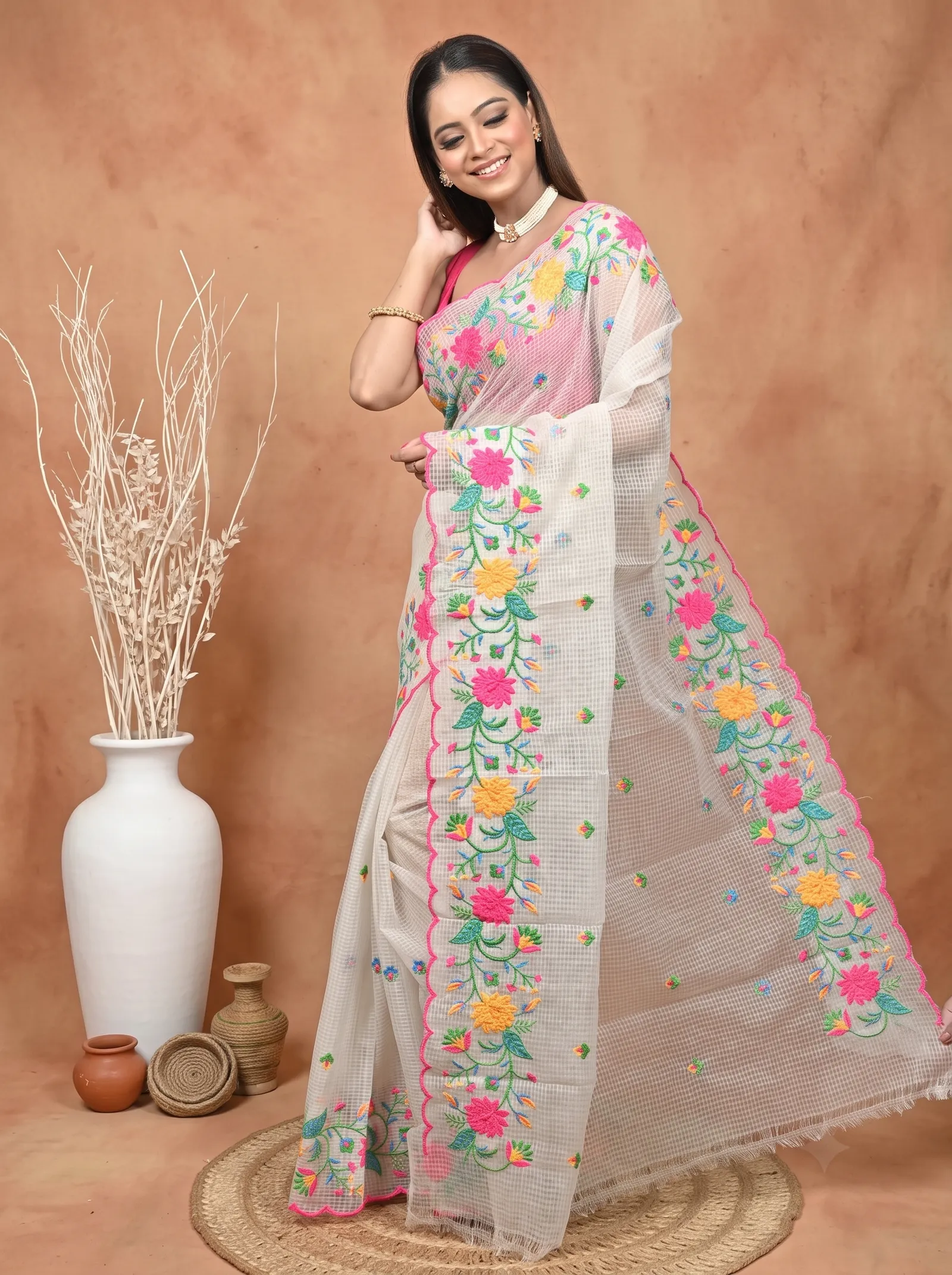 DipDiya Pure Cotton  Traditional Bengali White Artisan Crafted Kotamboi Kota Embroidery Saree