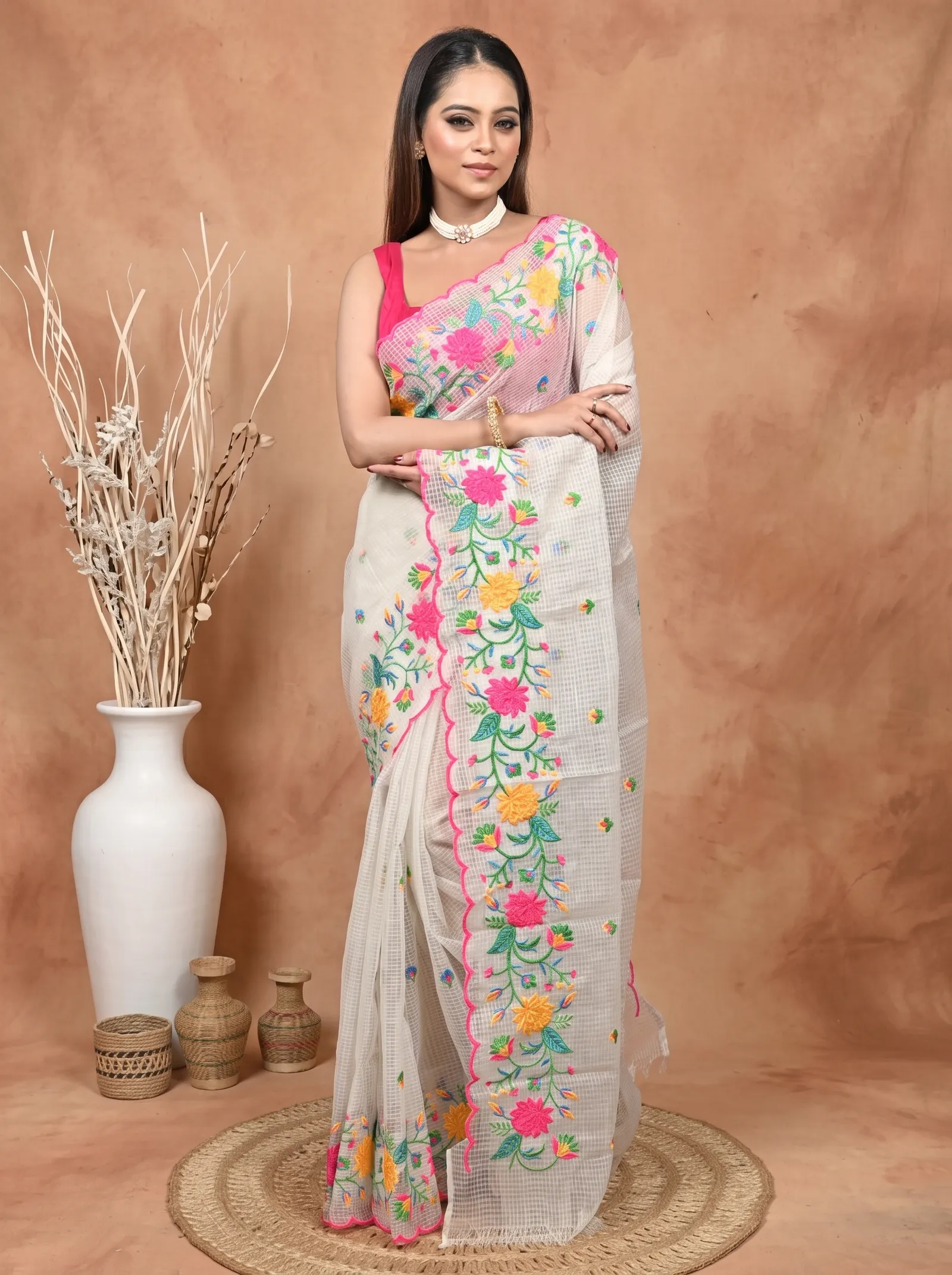 DipDiya Pure Cotton  Traditional Bengali White Artisan Crafted Kotamboi Kota Embroidery Saree