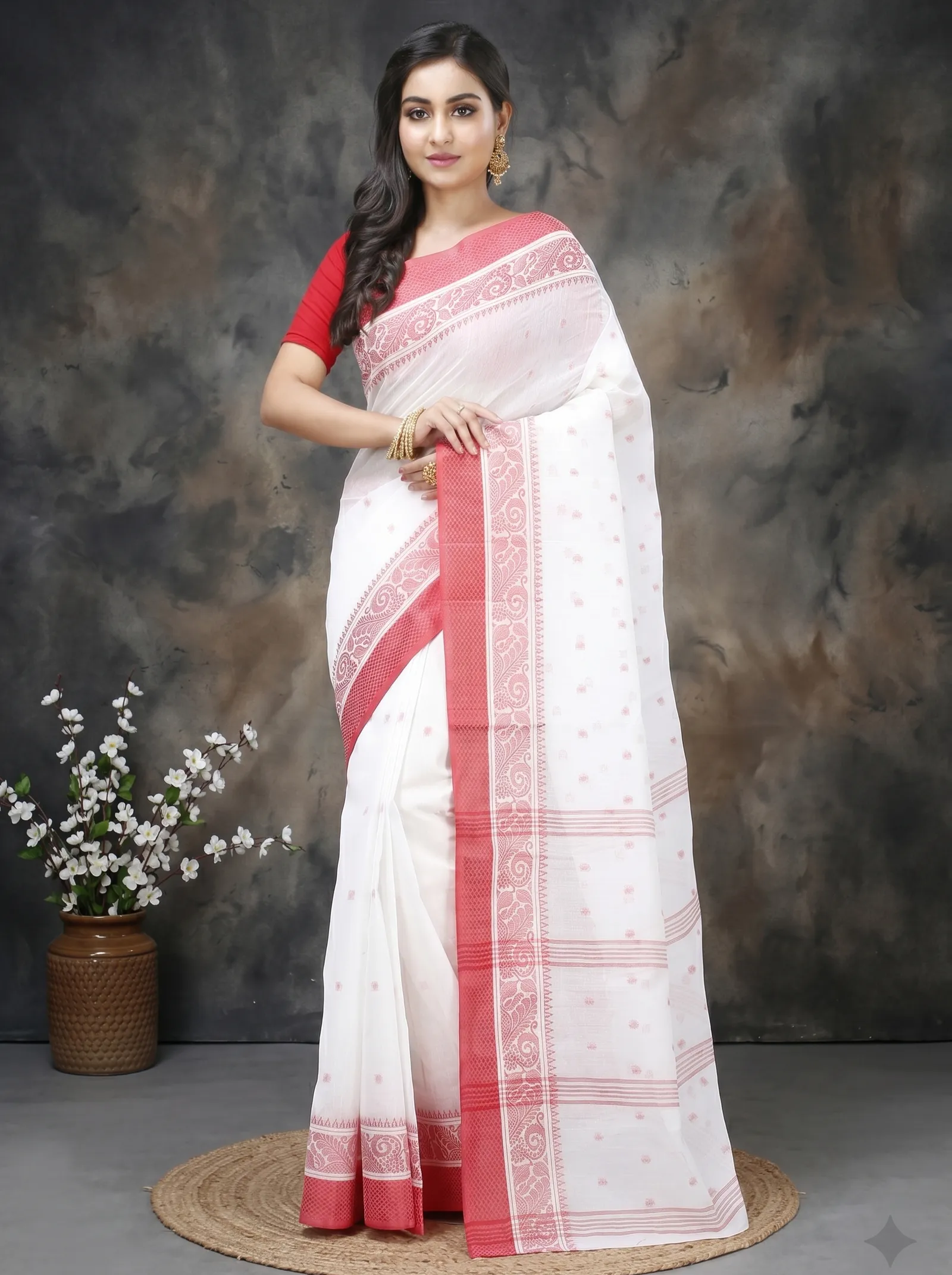 DipDiya Pure Cotton  Traditional Bengali White Artisan Crafted Sorbori Tant Saree