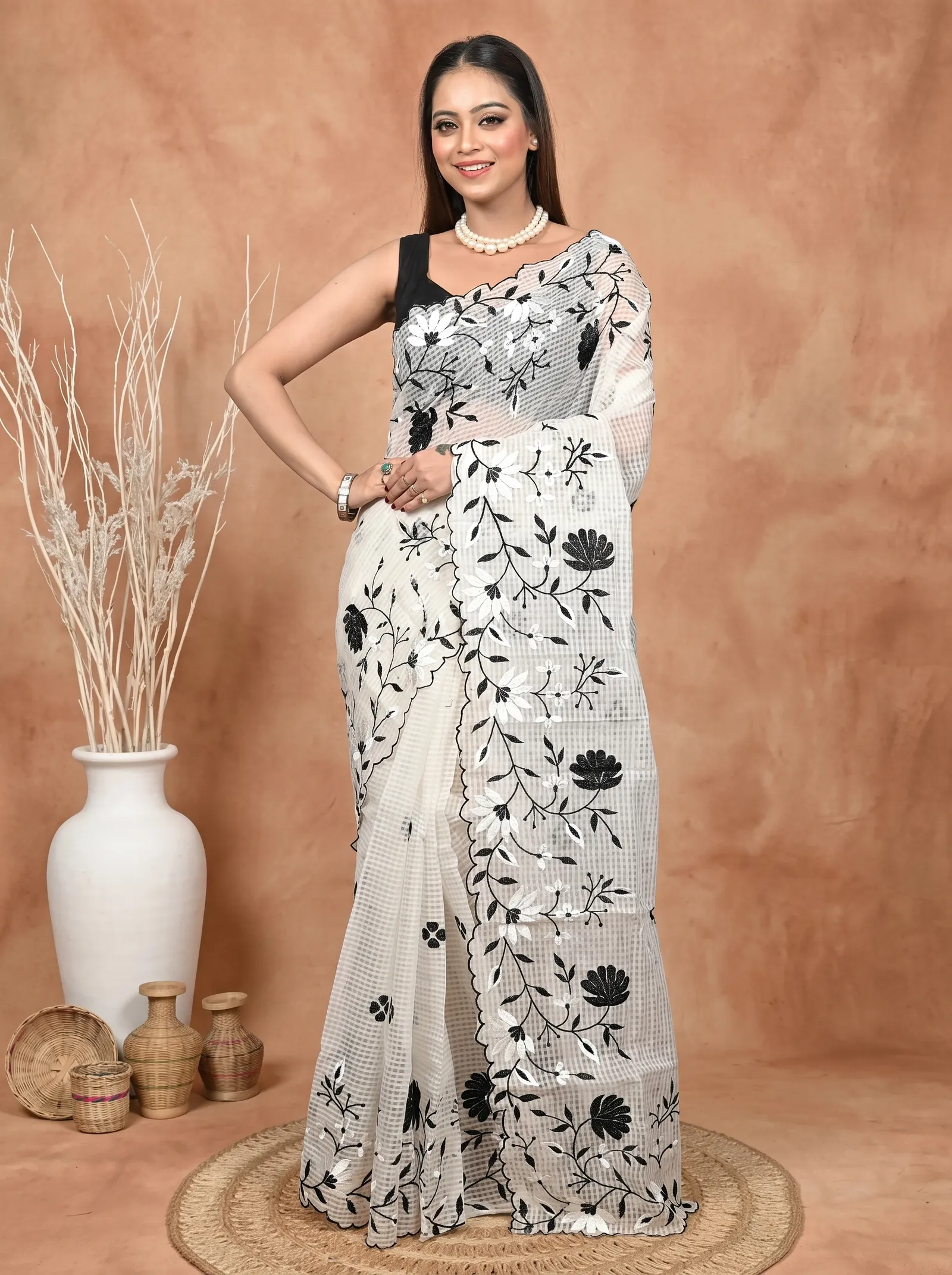 DipDiya Pure Cotton  Traditional Bengali White Black Artisan Crafted Kotambo Kota Embroidery Saree
