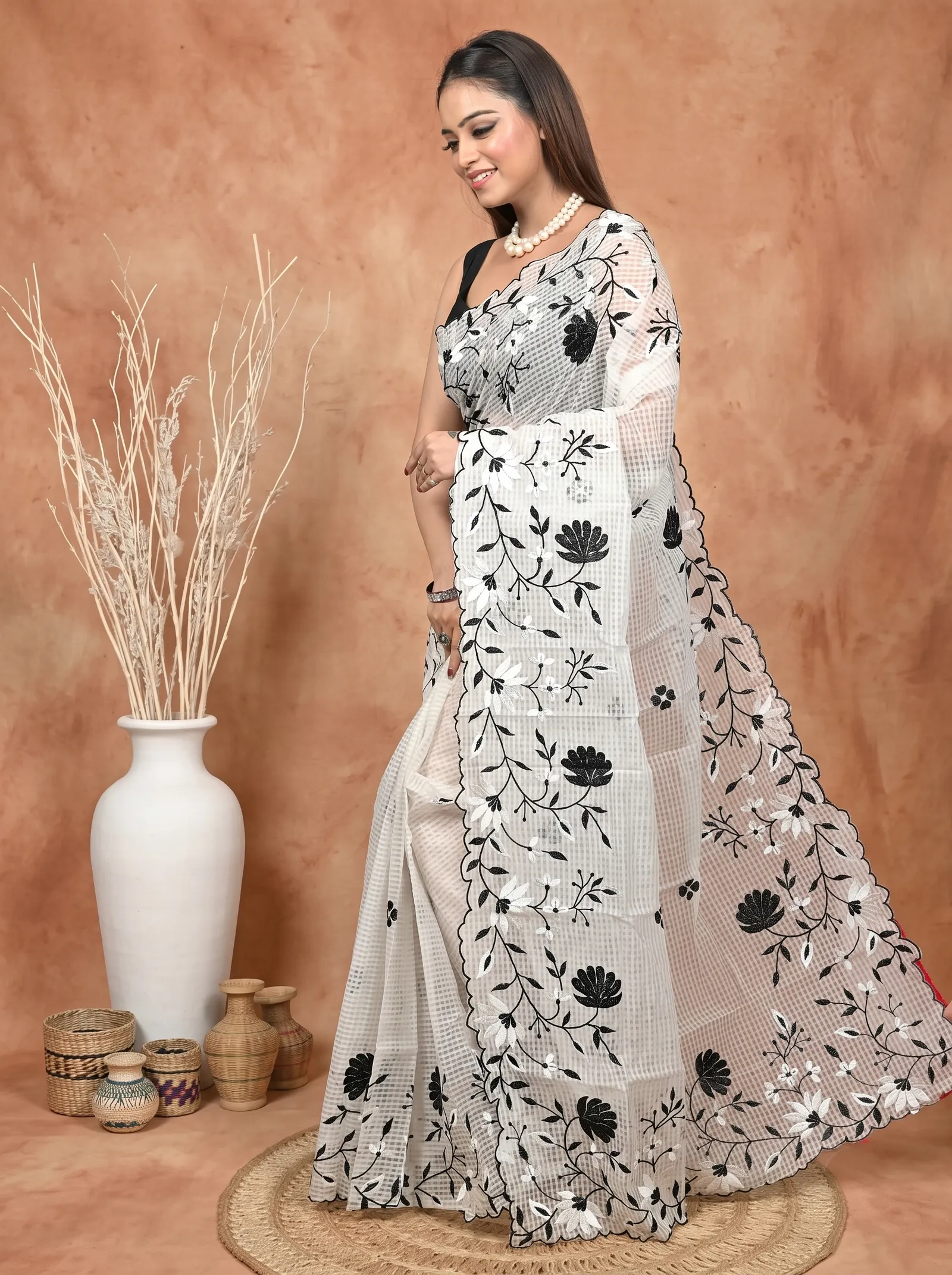 DipDiya Pure Cotton  Traditional Bengali White Black Artisan Crafted Kotambo Kota Embroidery Saree