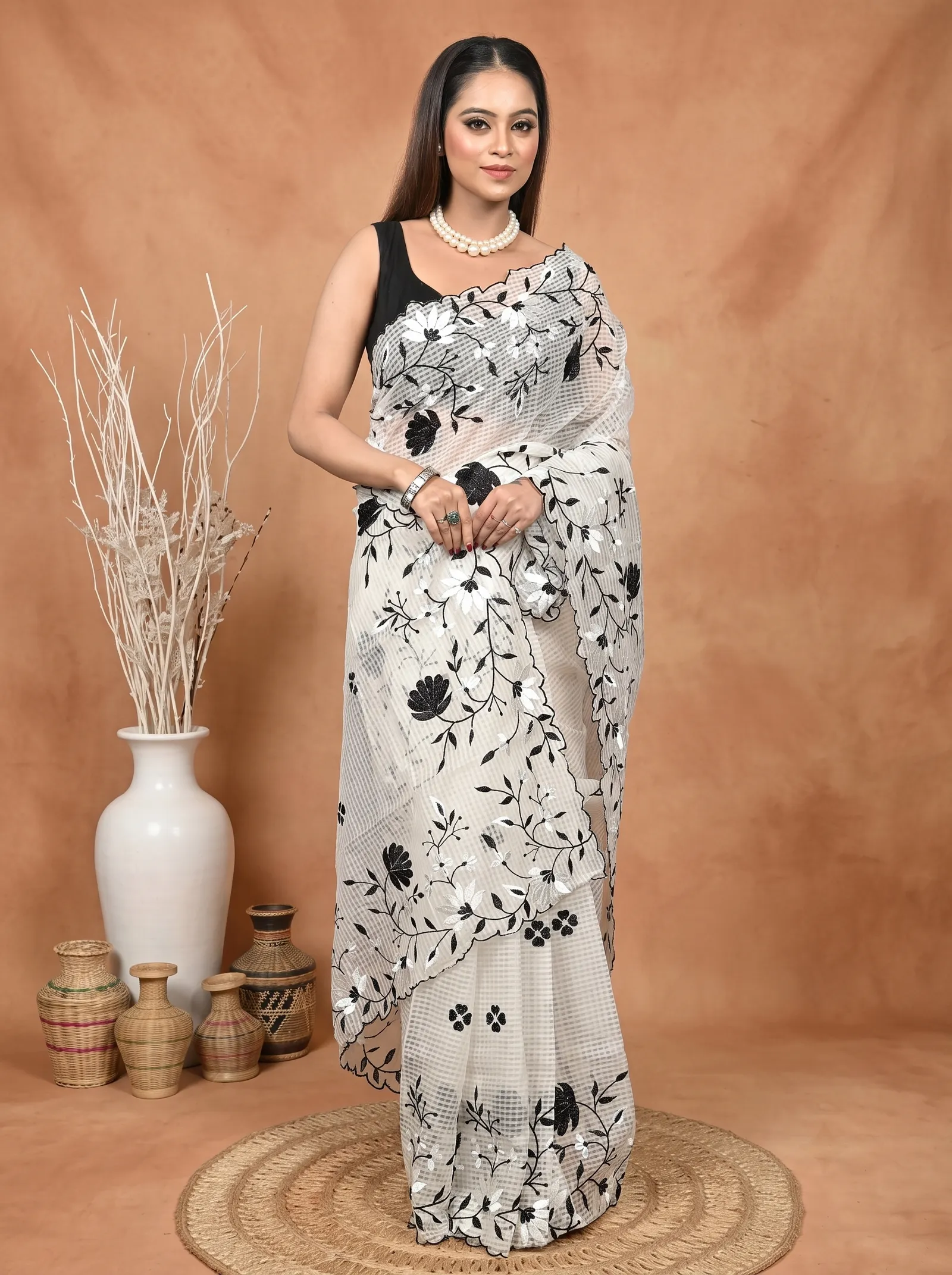 DipDiya Pure Cotton  Traditional Bengali White Black Artisan Crafted Kotambo Kota Embroidery Saree