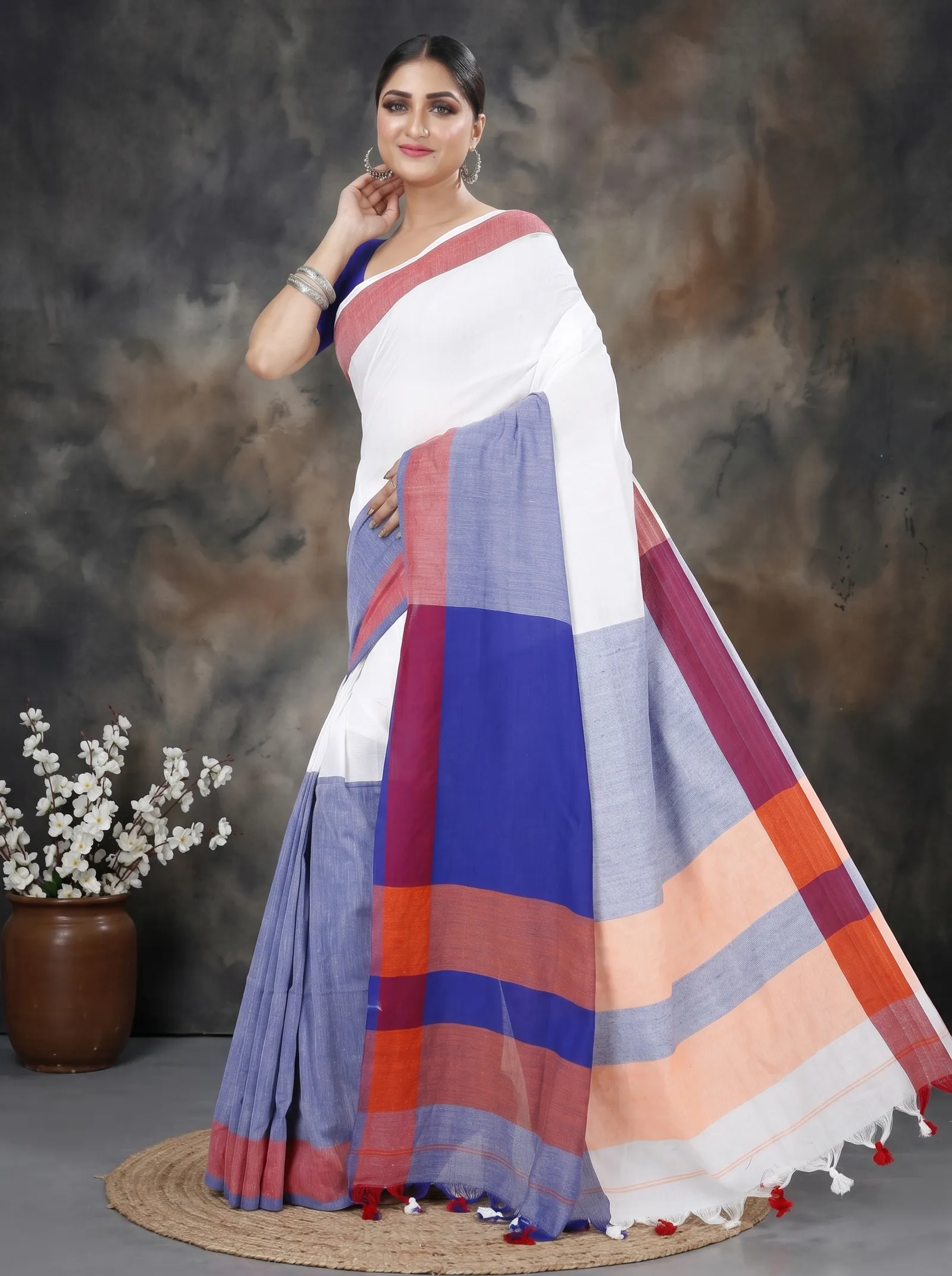 DipDiya Pure Cotton  Traditional Bengali White Blue Artisan Crafted Kousiki Handloom Saree