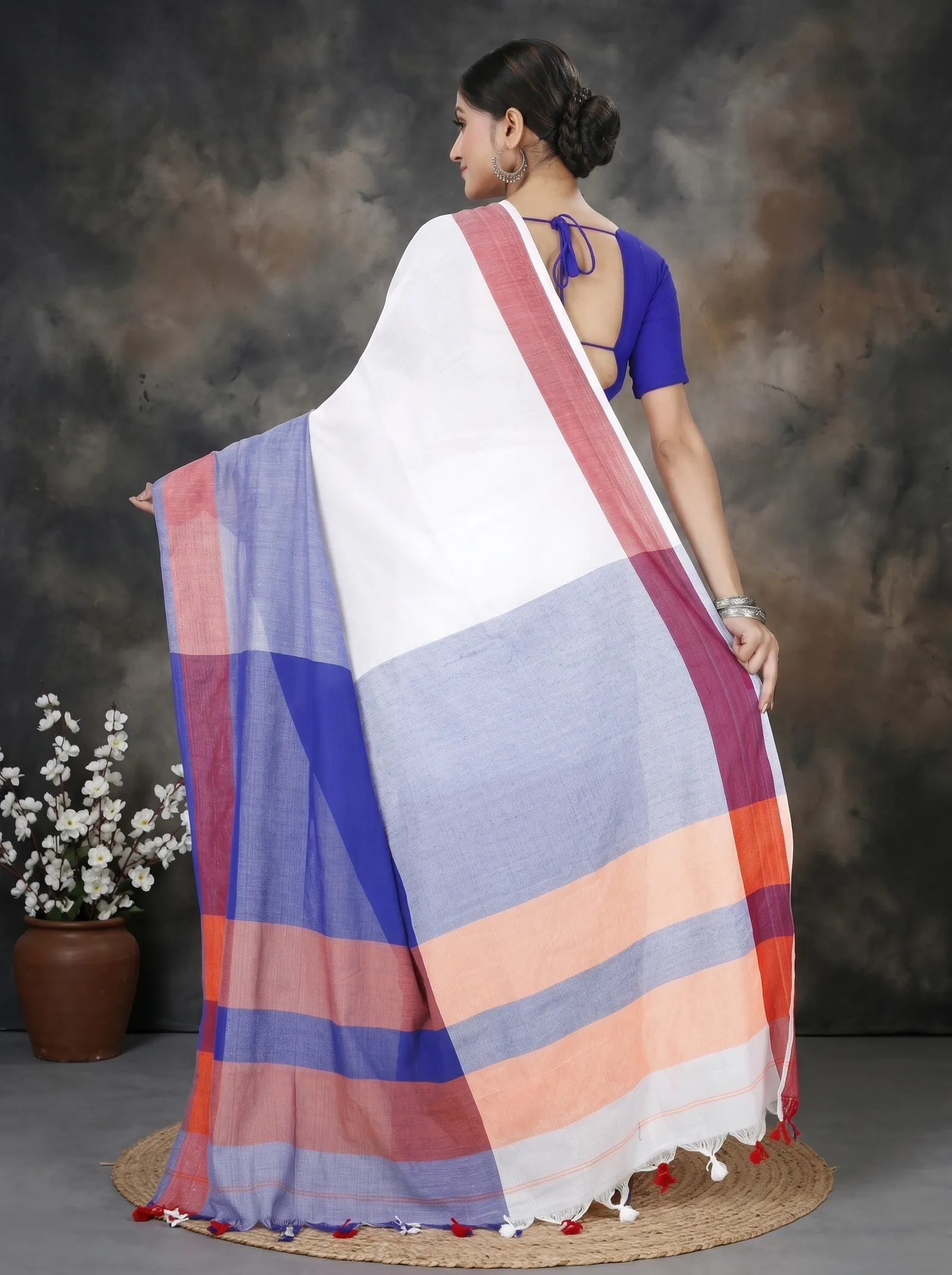 DipDiya Pure Cotton  Traditional Bengali White Blue Artisan Crafted Kousiki Handloom Saree