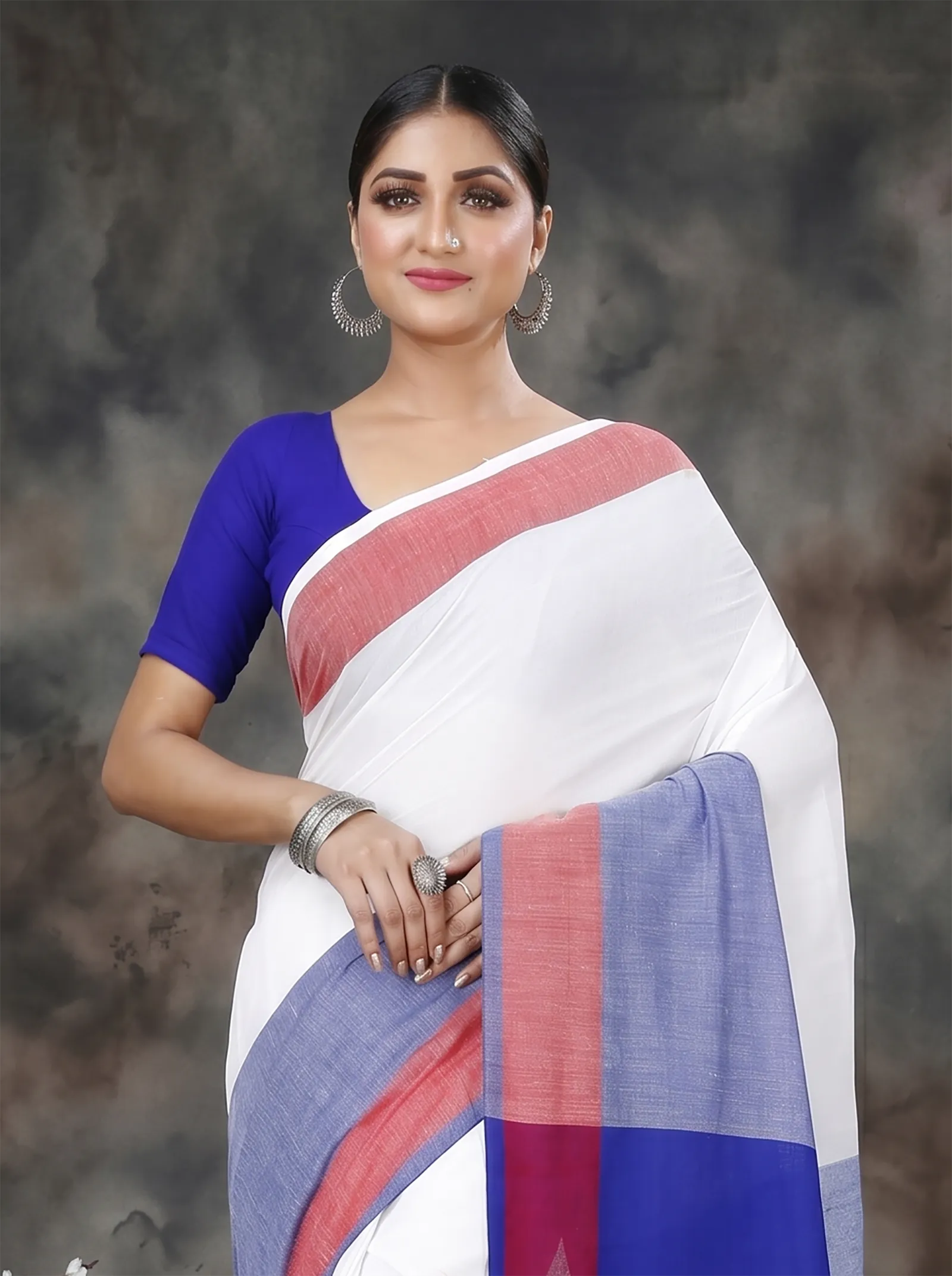 DipDiya Pure Cotton  Traditional Bengali White Blue Artisan Crafted Kousiki Handloom Saree