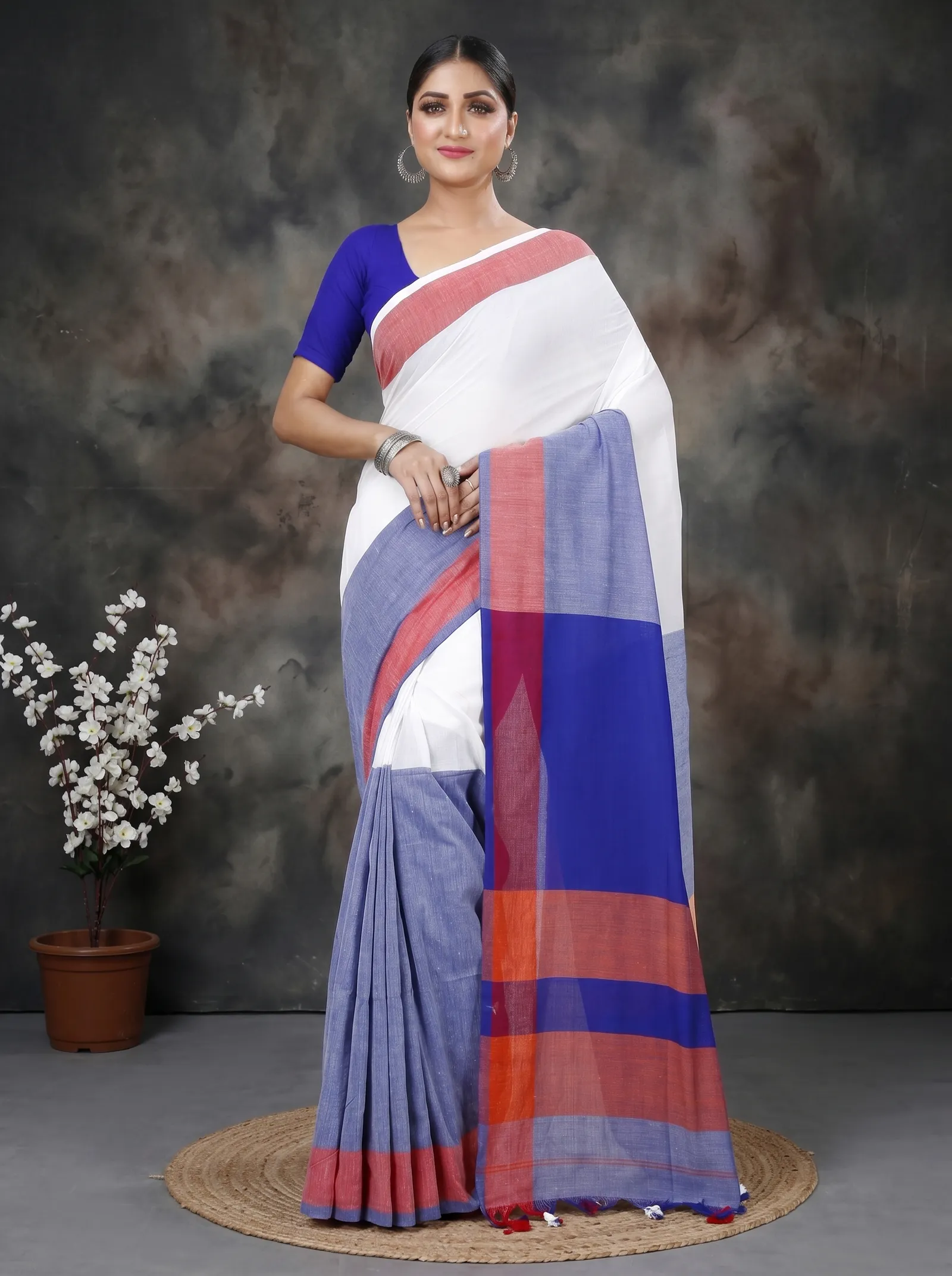 DipDiya Pure Cotton  Traditional Bengali White Blue Artisan Crafted Kousiki Handloom Saree